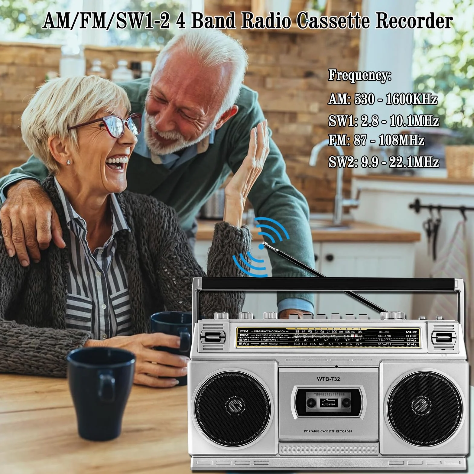 Boombox w stylu retro Classic w stylu lat 80., odtwarzacz kasetowy z radiem AM/FM/SW, Bluetooth, USB, gniazdo słuchawkowe, 24 W, głośniki Dual Full-Range High-Bass