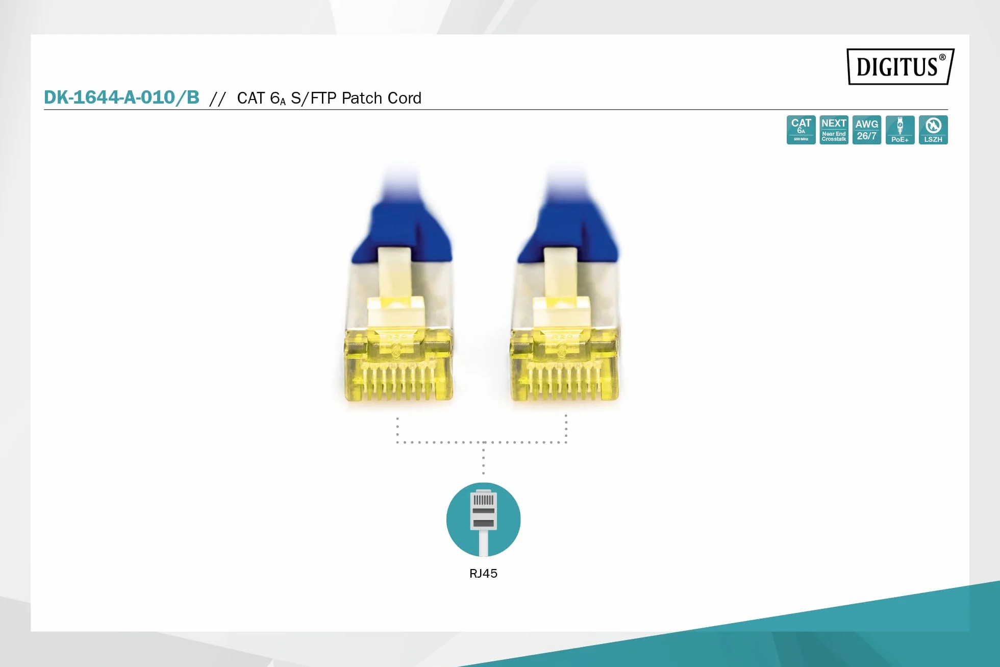 DIGITUS Kabel LAN Cat 6A – 1 m – ekranowany S/FTP – 10 Gb/s – 500 MHz – PoE++ – AWG 26/7 – LSZH – Kabel sieciowy RJ45 – kabel krosowy – kompatybilny z Cat6 i Cat7 – niebieski