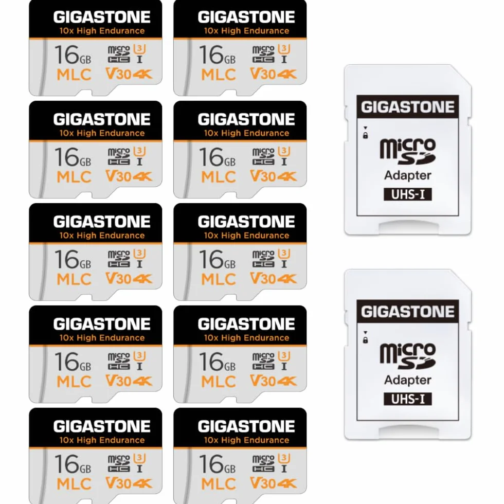 Gigastone - 10 tarjetas micro SD MLC de 16 GB, 10 unidades, grabación de video 4K, cámara de seguridad, cámara de salpicadero, compatible con vigilancia de 95 MB/s, U3 C10, con adaptador