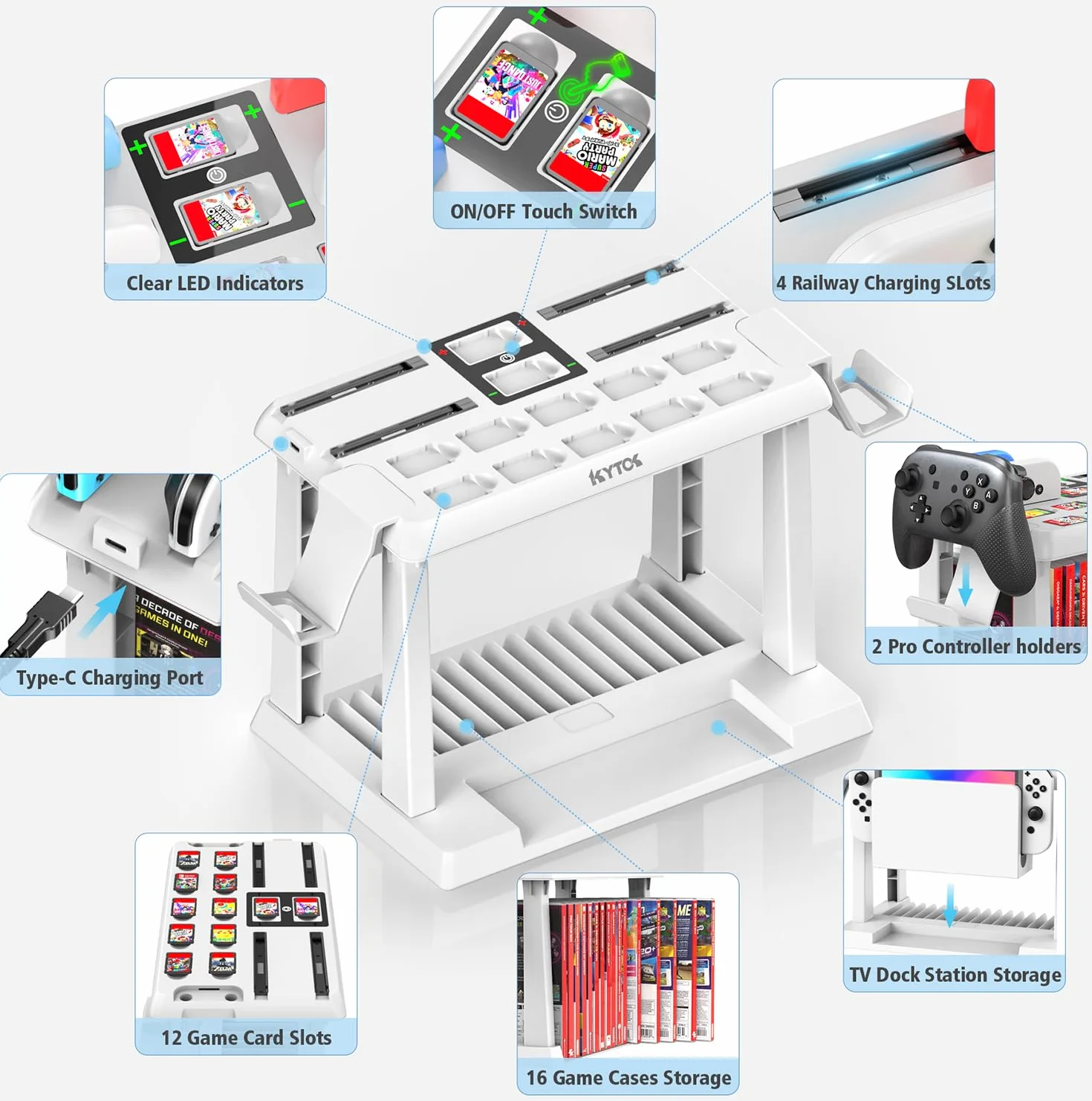 Kytok Przełącznik do przechowywania gier z kontrolerem, stacja ładująca, przełącznik do joyconów Switch/OLED, przechowywanie przełączników, do gier Switch, stacji dokującej TV, Pro Controller,