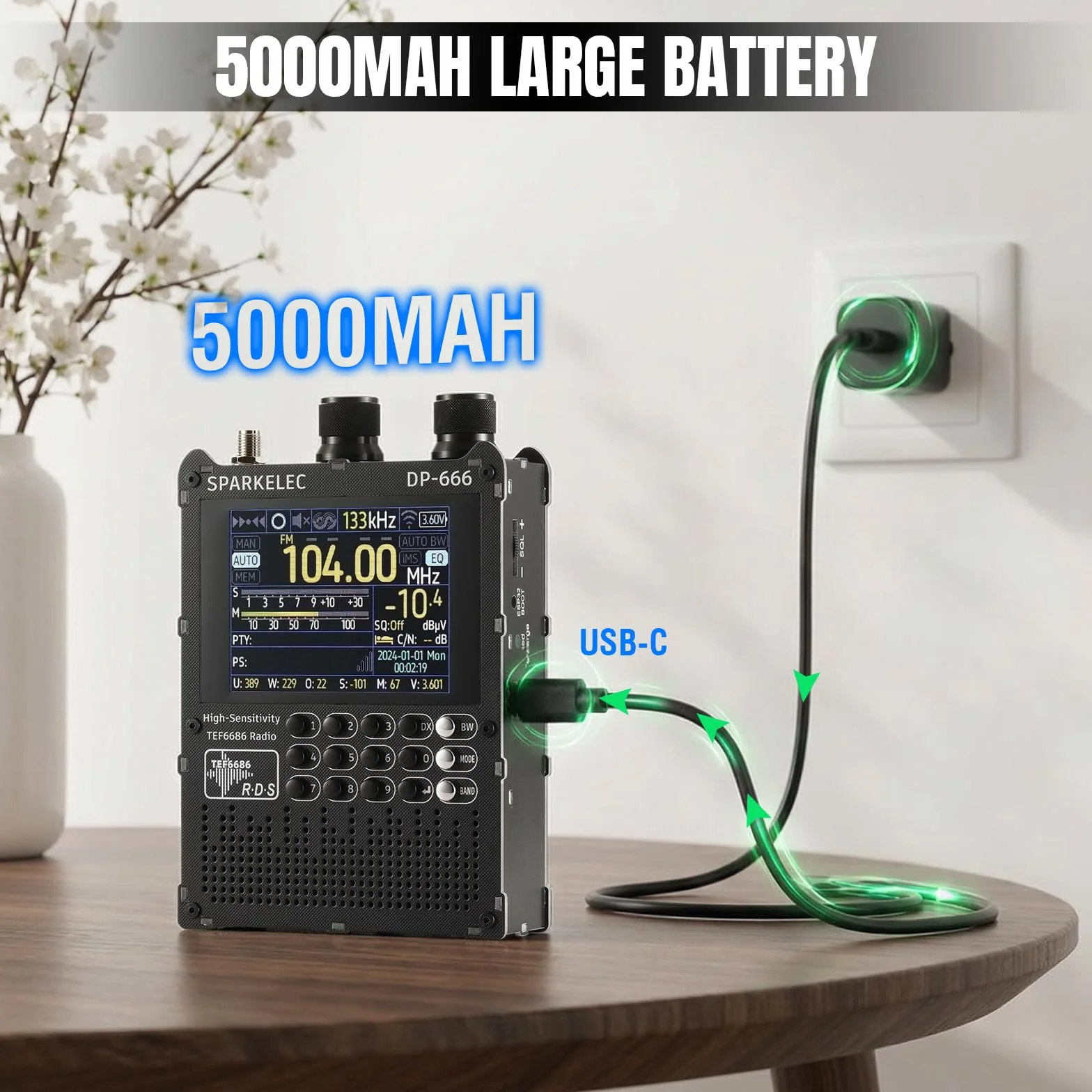 Raddy DP-666 Radio DSP Wielozakresowe Chip TEF6686, Profesjonalny Odbiornik AM/FM/LW/MW/SW RDS, 2,8" Ekran Dotykowy + Stylus, Bateria 5000mAh, Antena Teleskop. & Donut, Przenośne z Aktualizacją FW