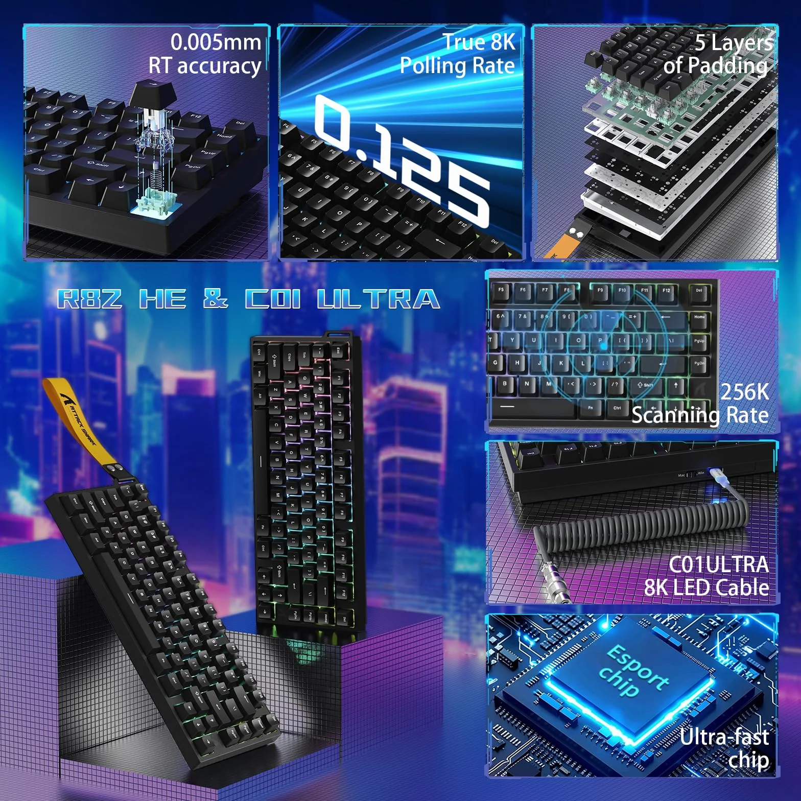 ATTACK SHARK R82 HE Przewodowa Klawiatura Gamingowa 75%, z Kablem LED C01ULTRA, Przełączniki Magnetyczne, 8000Hz, Ultra-Dokładna RT 0,005mm, RGB, 5-warstwowa Izolacja Dźwięku(Czarny)