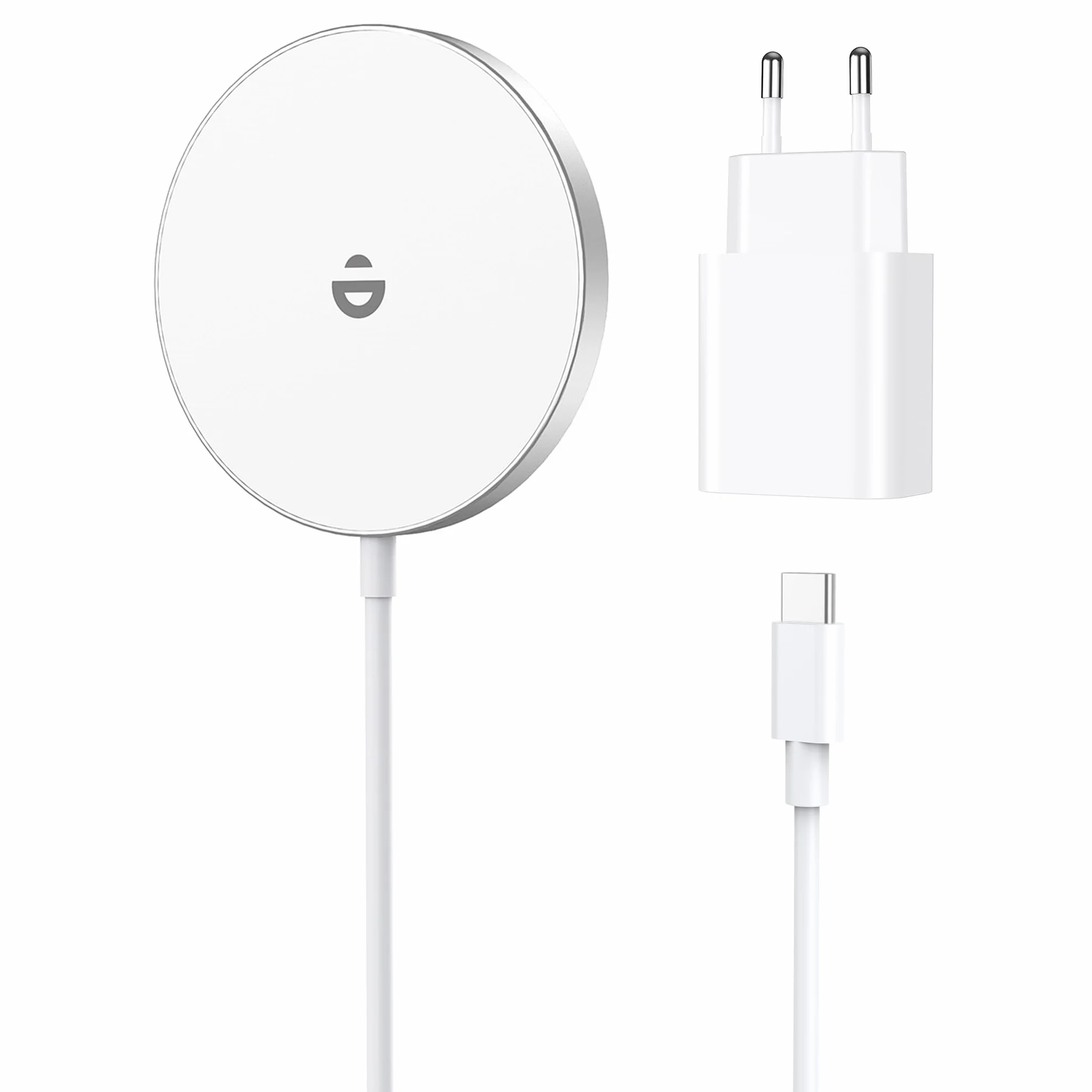 RoRoSkin ładowarka iPhone z adapterem USB-C 20 W, bezprzewodowa ładowarka indukcyjna do iPhone 17e/17/16/15/14/13/12 Pro Max/Air/Plus/Pro, magnetyczna szybka ładowarka bezprzewodowa, śnieżnobiała
