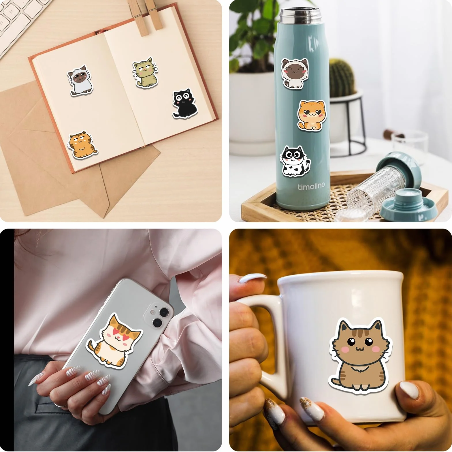Amaxiu Zestaw naklejek uroczy kot kreskówkowy, 50 sztuk zabawnych estetycznych naklejek Kawaii Animal, wodoodporne, samoprzylepne naklejki winylowe do scrapbookingu, planistów, pamiętników