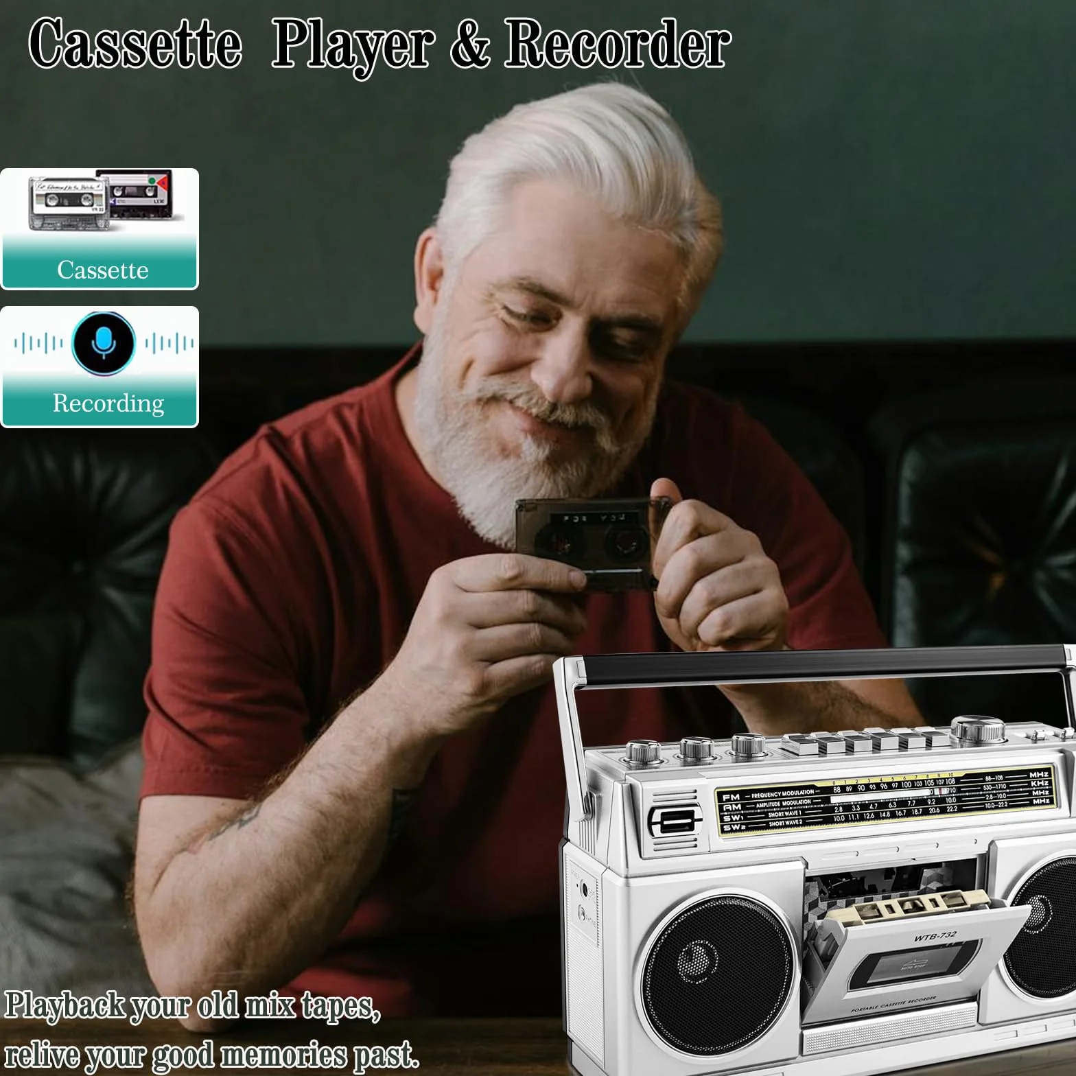 Boombox w stylu retro Classic w stylu lat 80., odtwarzacz kasetowy z radiem AM/FM/SW, Bluetooth, USB, gniazdo słuchawkowe, 24 W, głośniki Dual Full-Range High-Bass