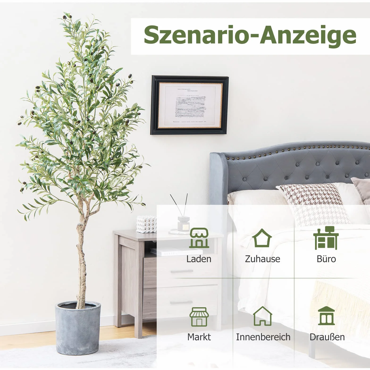 COSTWAY Zestaw 2 sztucznych drzew oliwnych, sztuczna roślina 180 cm, roślina pokojowa z doniczką cementową i naturalnymi liśćmi i 72 owocami, sztuczne drzewo do ogrodu, biura, domu, sztuczne rośliny