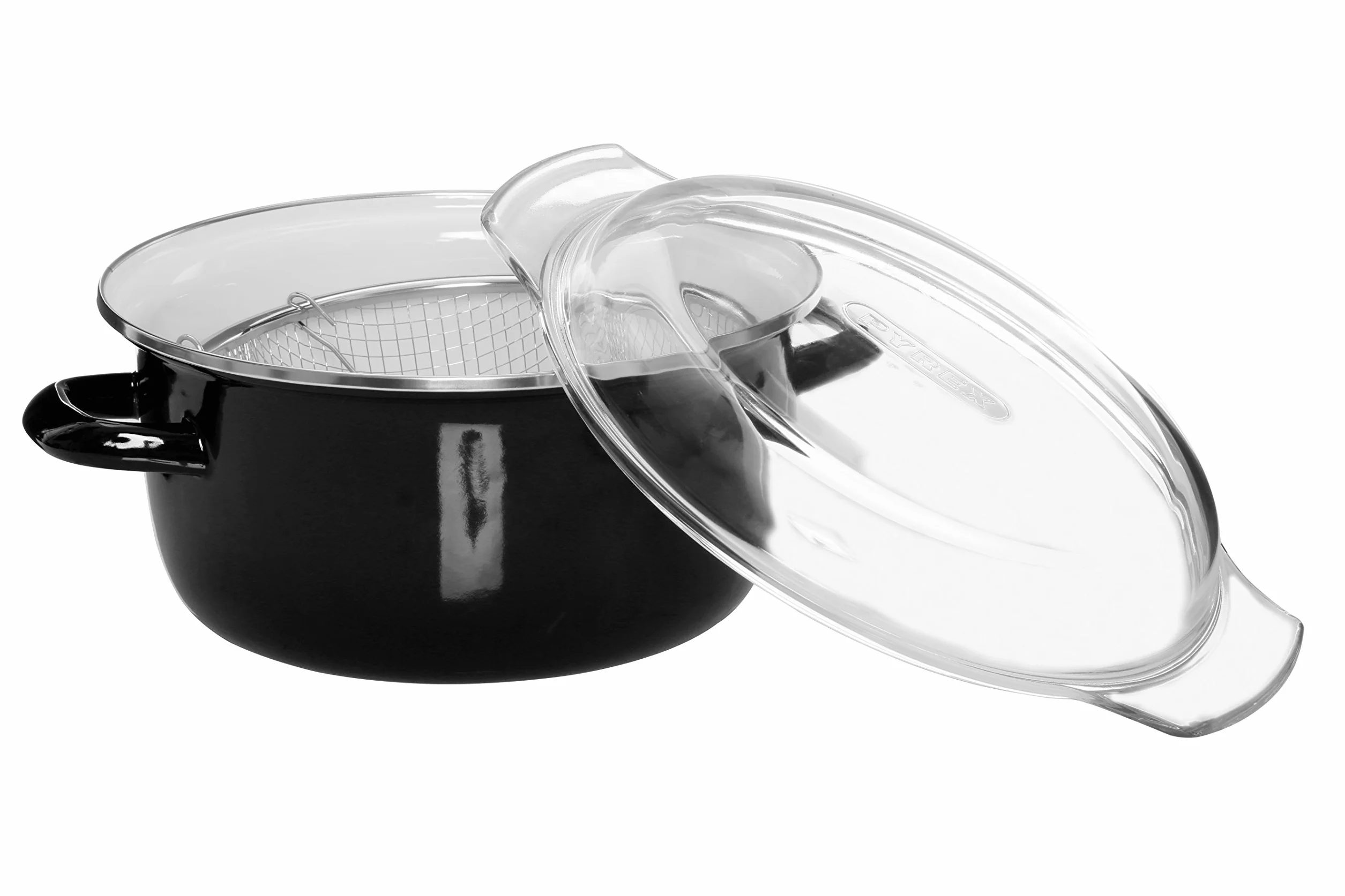 Premier Housewares 102102 5 l frytkownica emaliowana patelnia do frytkownicy szklana pokrywa głęboka patelnia czarna kosz mały