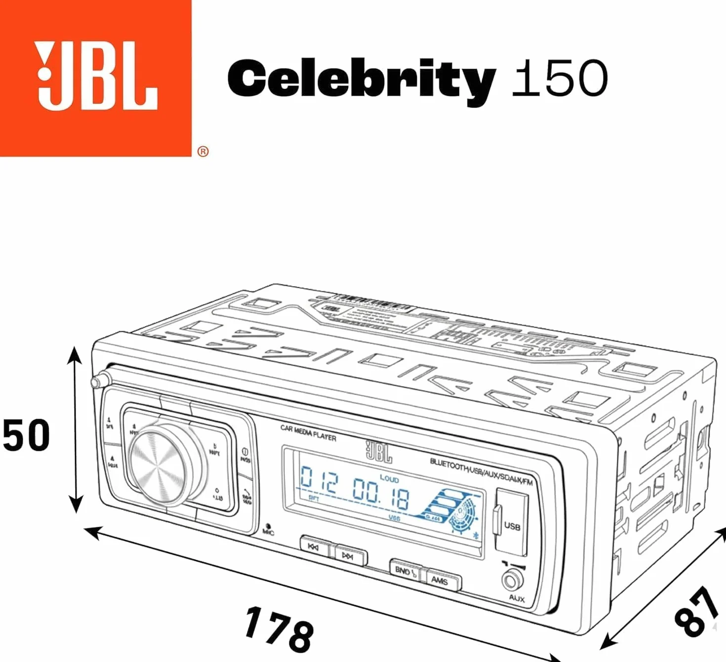 JBL Radio samochodowe Bluetooth Celebrity 150 firmy Harman Kardon, 1 DIN 4 x 50 W AM/FM Radio z Bluetooth Streaming i zestawem głośnomówiącym do samochodu ze zdejmowanym wyświetlaczem, USB, SD, AUX i