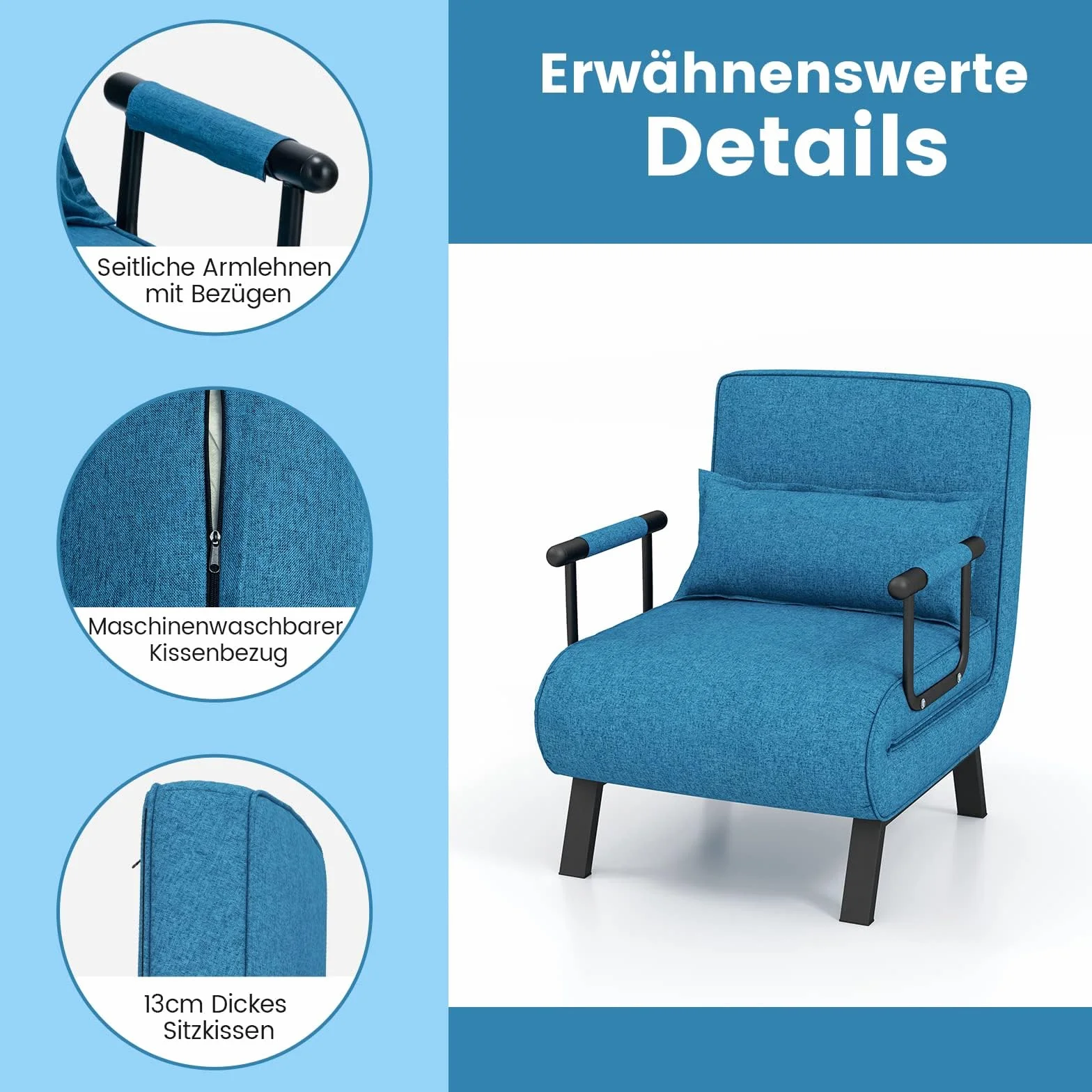 COSTWAY 4 w 1 rozkładana sofa z funkcją spania, rozkładana sofa z regulowanym oparciem i zdejmowaną poduszką, rozkładany fotel, rozkładana sofa, rozkładana sofa z metalową ramą, obciążenie do 150 kg (