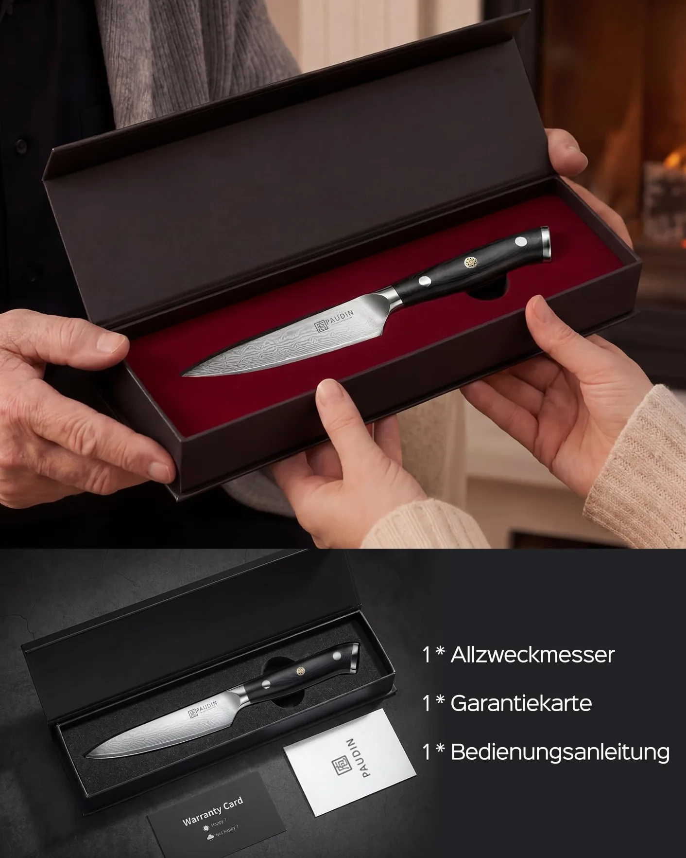 PAUDIN Nóż damasceński 13 cm nóż uniwersalny nóż szefa kuchni nóż szefa kuchni profesjonalny nóż kuchenny ostry nóż z ergonomiczną rękojeścią G10 ze stali damasceńskiej do ryb warzywa owoce mięso
