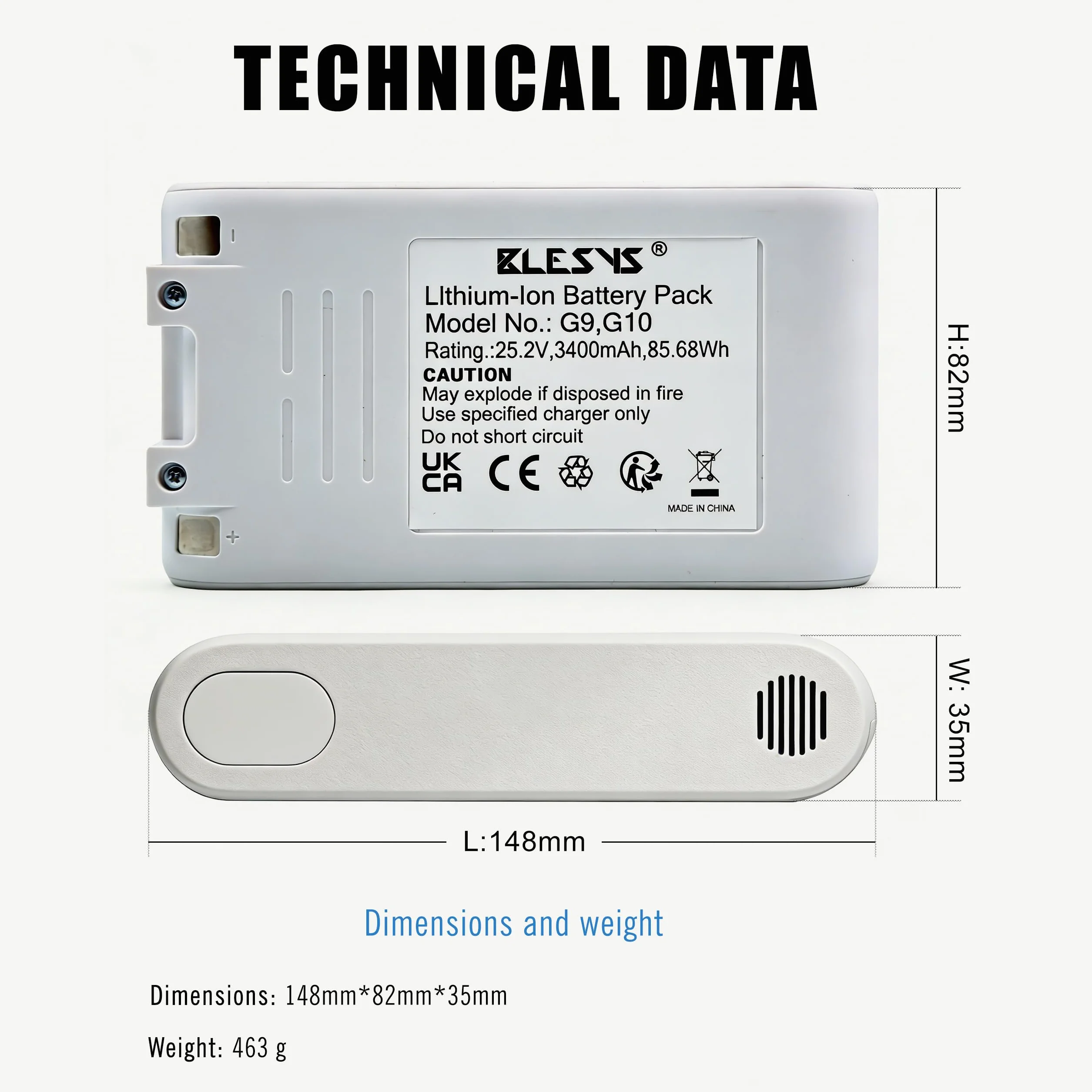 BLESYS 3400 mAh akumulator zastępczy do odkurzacza Xiaomi G9, G9 Plus, G10, G10 Plus, akumulator do Dreame T10, T20, T20 Pro, R10, R10 Pro, V12S, V16S [25,2 V/85,68 Wh]
