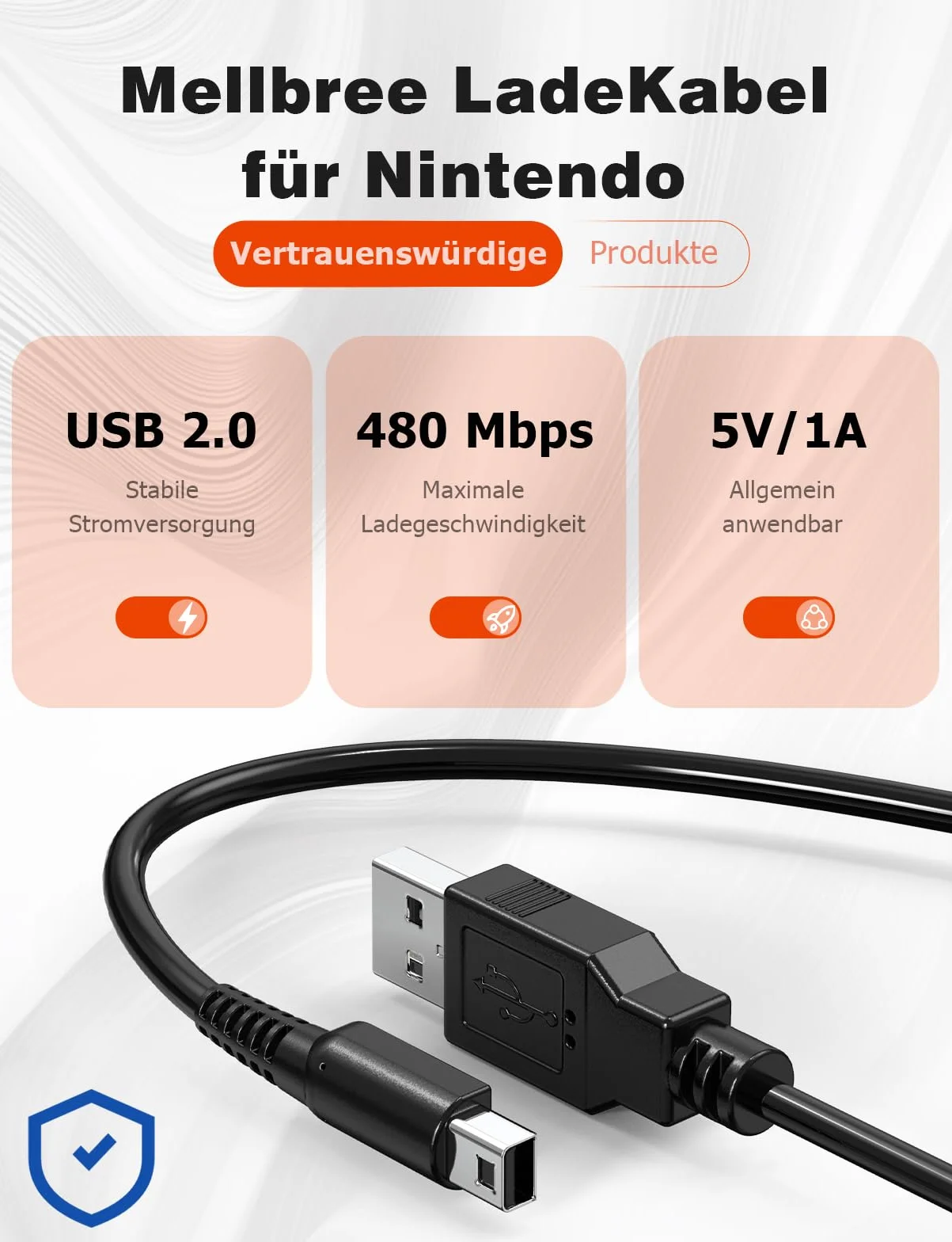 Kabel ładujący Mellbree, kompatybilny z konsolami Nintendo 3DS / 3DSXL / DS/DSI/2DS / 2DS XL, 1A, czarny, 1,2 metra (1)