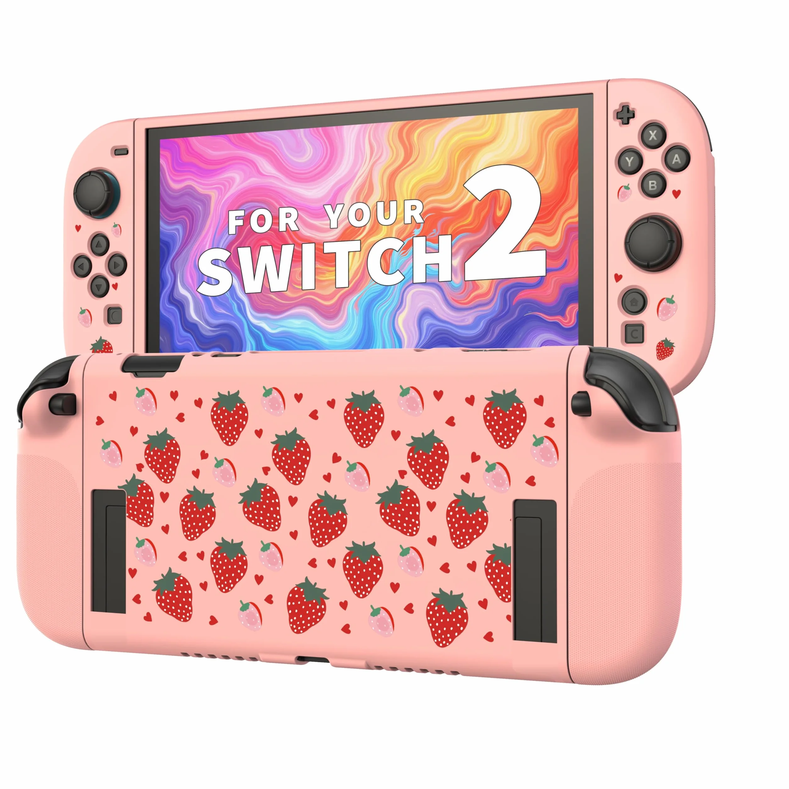 JEMDO Etui ochronne kompatybilne z Nintendo Switch 2 (2025) – odporne na uderzenia i ergonomiczne etui TPU z antypoślizgowym uchwytem, różowe wzornictwo z truskawkami – dla dziewcząt i fanów Kawaii