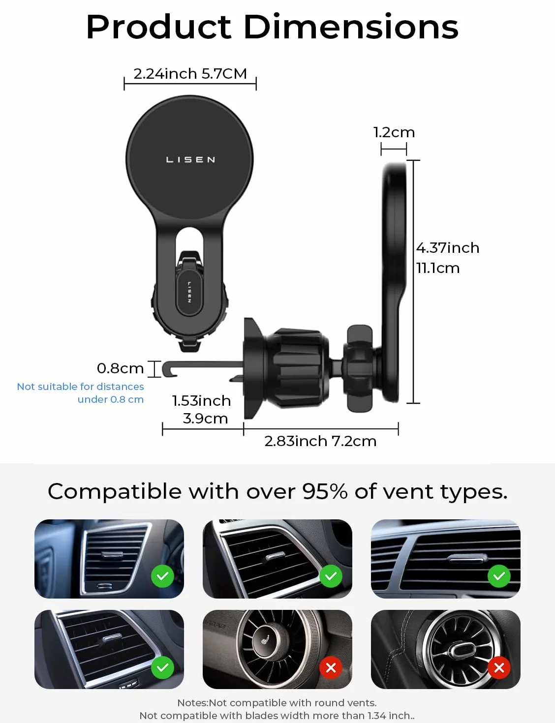 LISEN Magsafe Ładowarka samochodowa 15W, [360° obrót o] uchwyt samochodowy na telefon, magnetyczny uchwyt samochodowy bezprzewodowa ładowarka do Apple iPhone 15 14 13 Pro Max i smartfonów