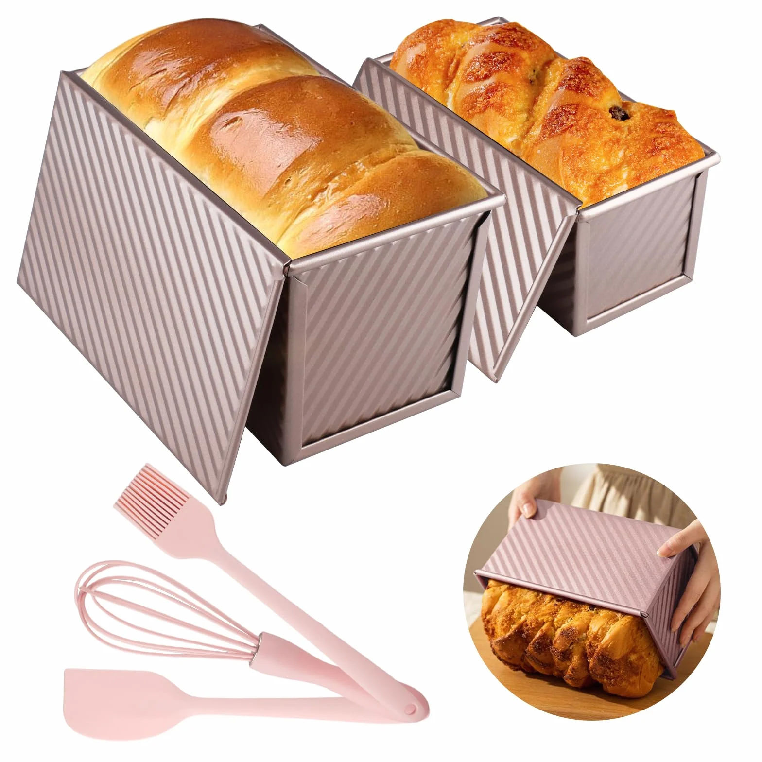 Forma do pieczenia chleba tostowego z pokrywką, 450 g i 230 g, nieprzywierająca, z pokrywką, w kolorze różowego złota, z pokrywką, wraz z akcesoriami, do pieczenia ciast, kanapek, 2 sztuki