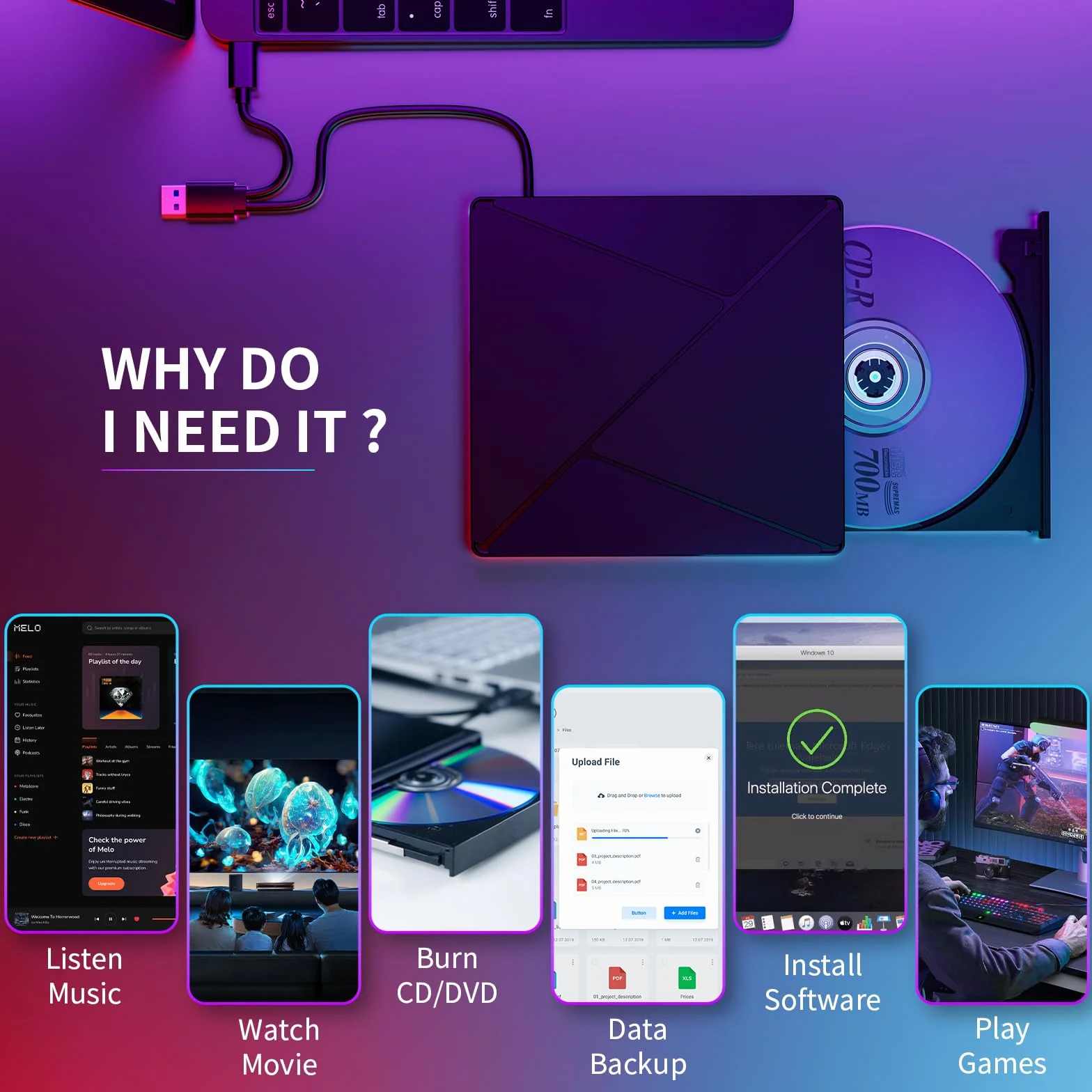 BHHB Zewnętrzny odtwarzacz CD DVD DVD Napęd zewnętrzny z USB 3.0 i USB-C, Napędy przenośne CD/DVD /-RW/ROM stabilny dla PC/laptopów/Windows 11/10/8/7/XP/Vista/Linux/MacOS