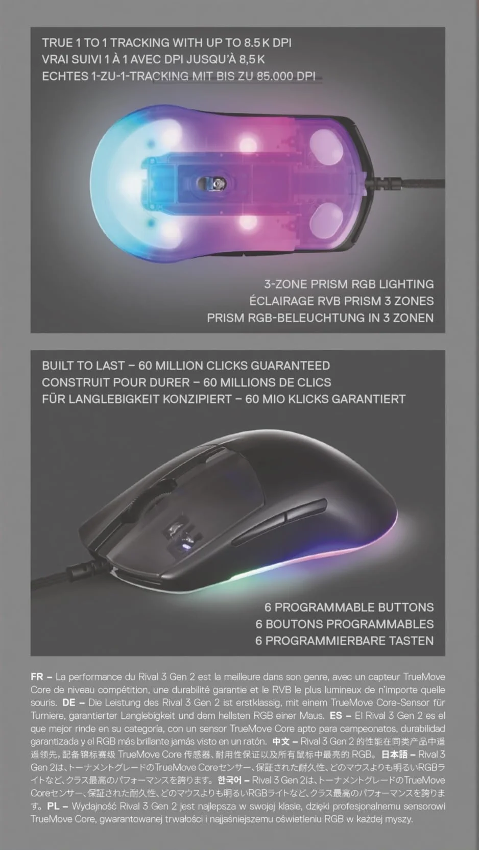 SteelSeries Rival 3 Gen 2 Mysz do Gier, Sensor Optyczny TrueMove Core 8500 DPI, 77g, PTFE, RGB, Czarna