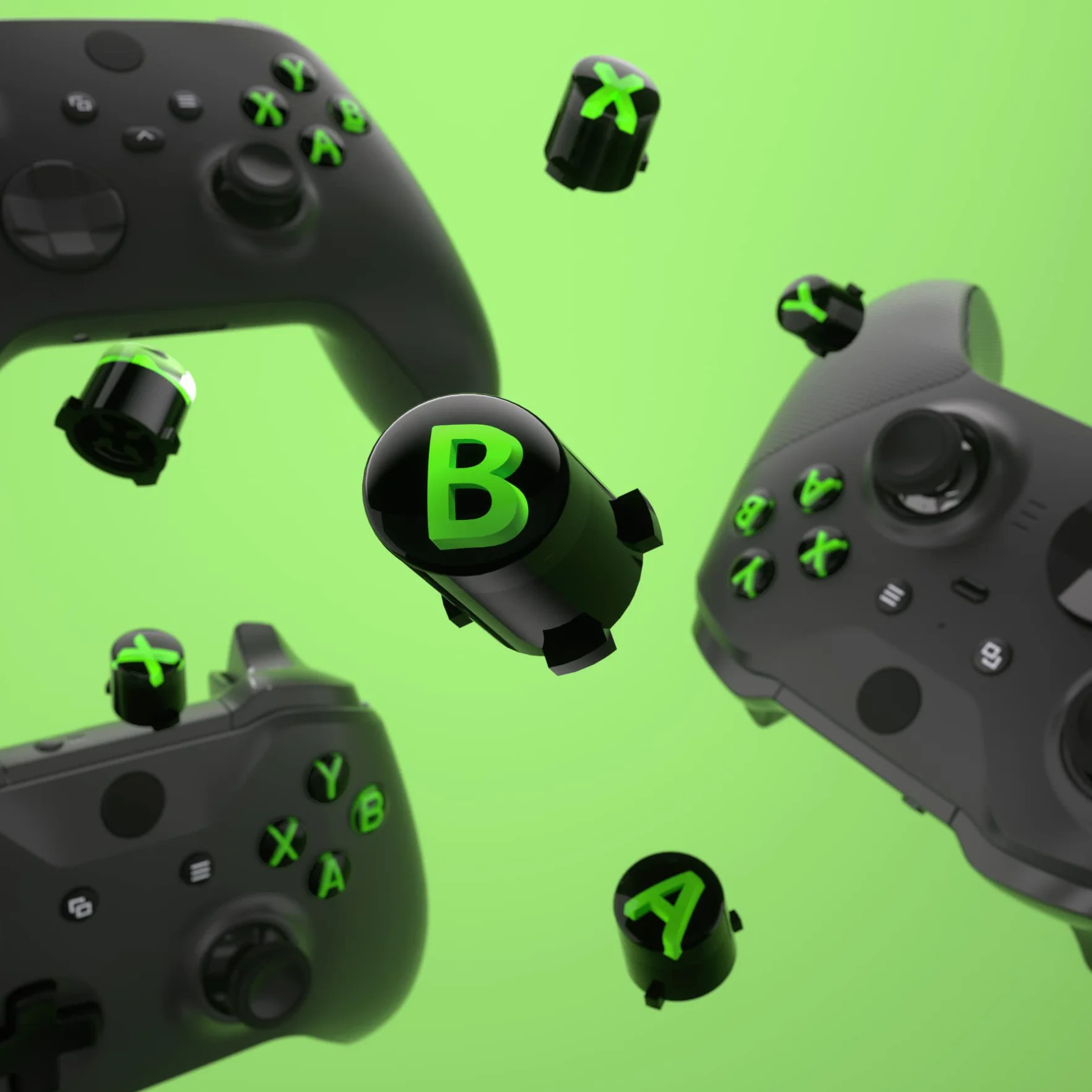 eXtremeRate Wymiana Custom ABXY Action Buttons dla Xbox Series X & S Controller, Three-Tone Czarny & Przezroczysty z Zielony Klasycznymi Symbolami Klawisze A B X Y dla Xbox One S/X, Elite V1/V2 Controller