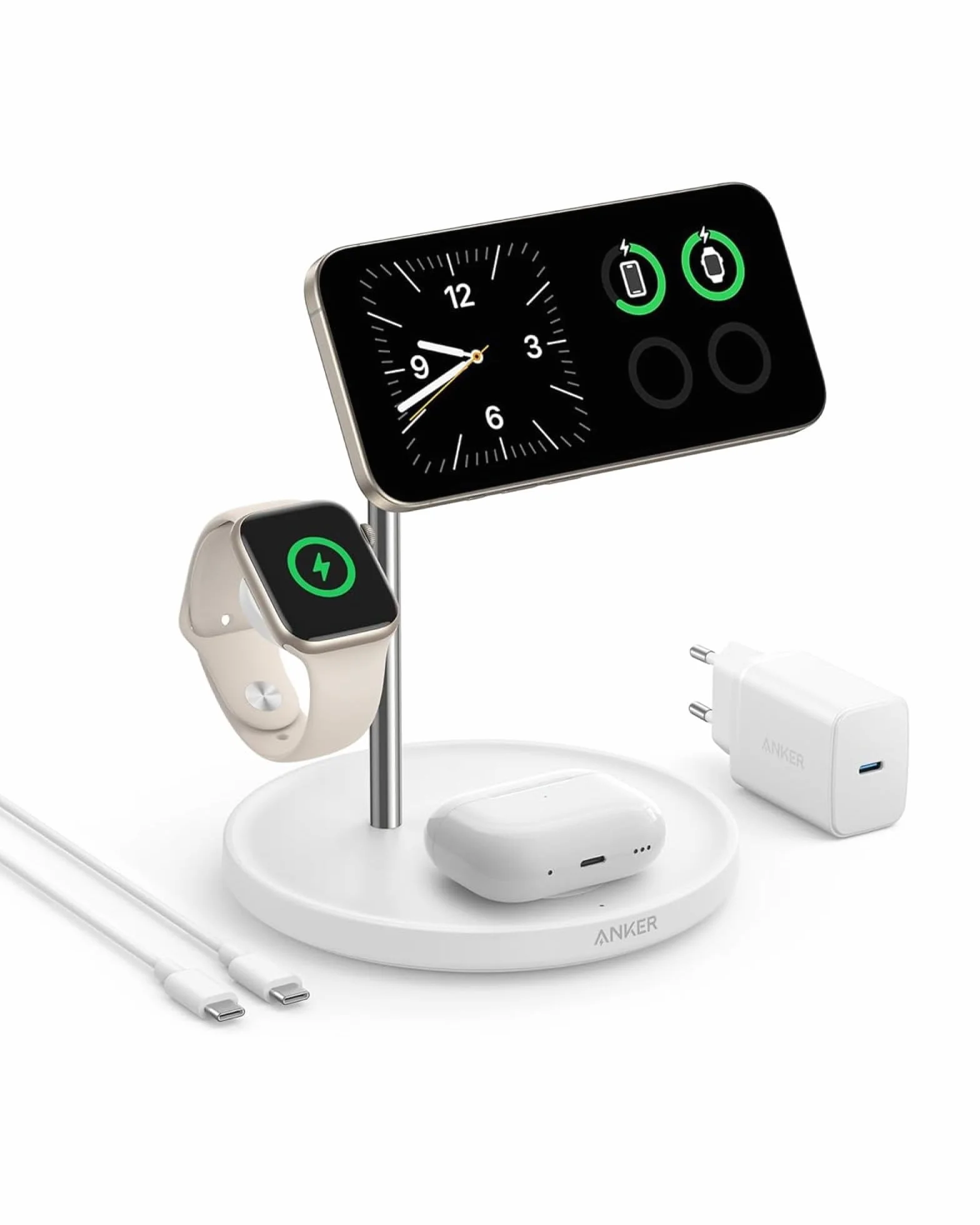 Anker MagGo bezprzewodowa stacja ładująca 3 w 1, 15 W, kompatybilna z MagSafe, bezprzewodowa ładowarka Qi2 do iPhone 16/15/14/13, AirPods Pro, Apple Watch (z zasilaczem sieciowym USB-C i kablem)