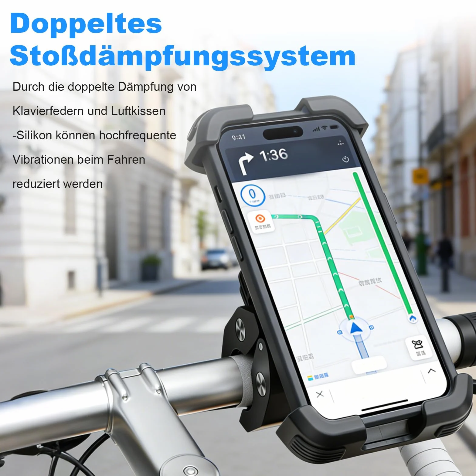 Metalowy uchwyt na telefon z ramieniem wysięgnika, podwójna amortyzacja uderzeń, odpowiedni do motocykli i rowerów