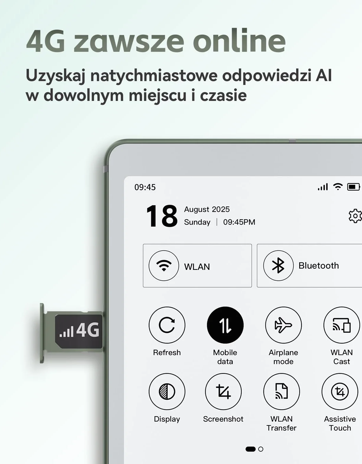 VIWOODS 6,13’’ AiPaper Reader z łącznością 4G, ultracienkie i lekkie urządzenie eReader E Ink, zintegrowana sztuczna inteligencja, 300 PPI, regulowane przednie podświetlenie, 128 GB pamięci
