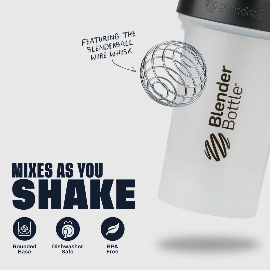 BlenderBottle Klasyczna butelka Shaker V2 z kulką ze stali nierdzewnej, idealna do koktajli proteinowych, nadaje się do mycia w zmywarce, 830 ml, przezroczysta/czarna