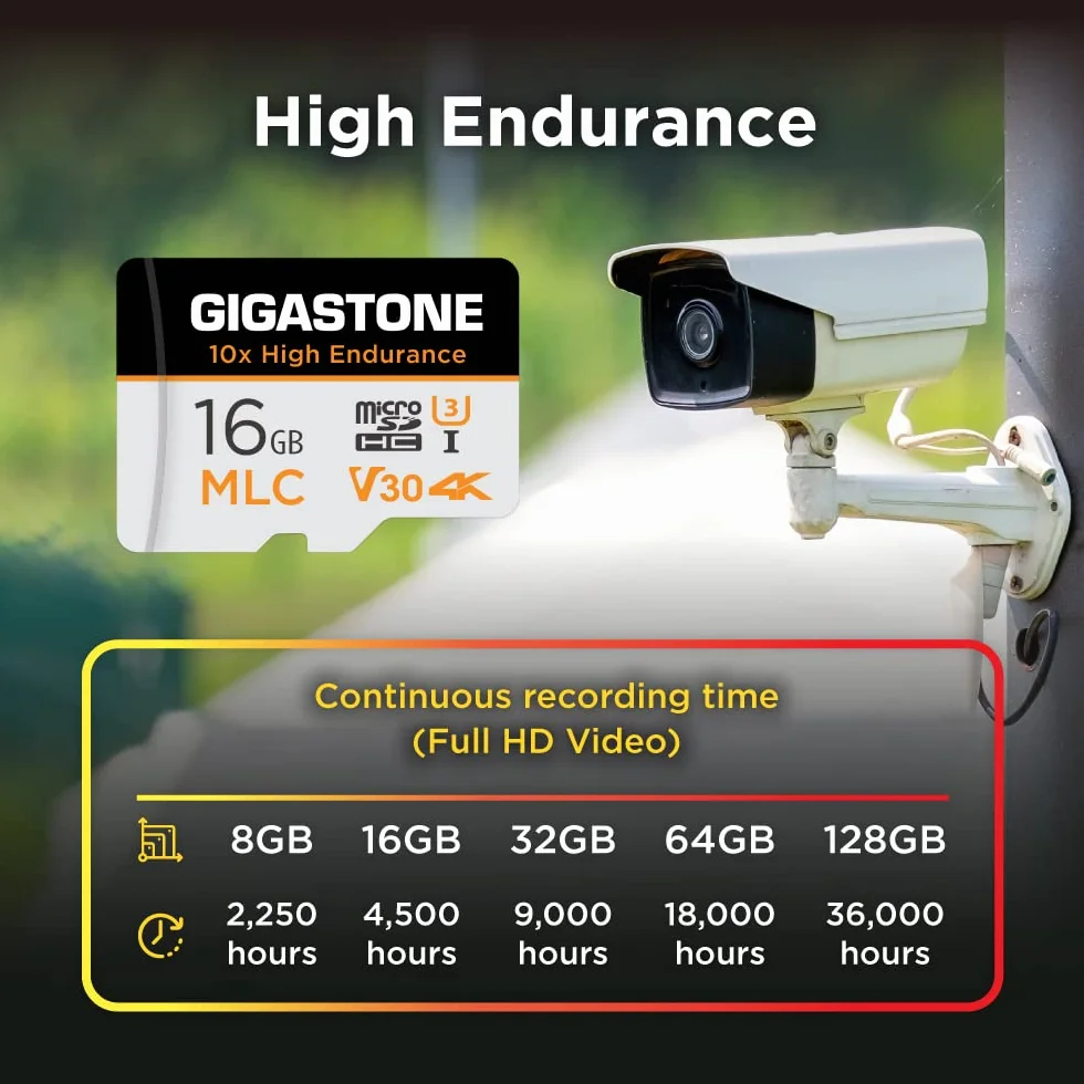 Gigastone - 10 tarjetas micro SD MLC de 16 GB, 10 unidades, grabación de video 4K, cámara de seguridad, cámara de salpicadero, compatible con vigilancia de 95 MB/s, U3 C10, con adaptador