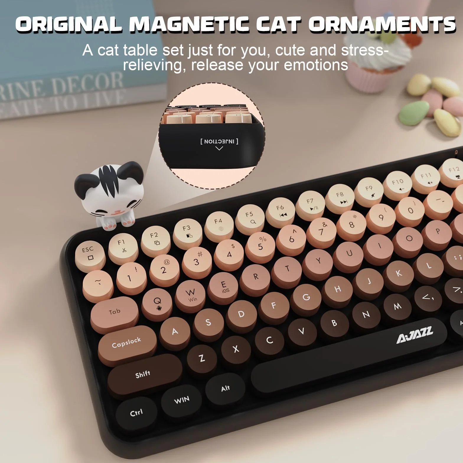 Hoopond X AJAZZ 308i Bezprzewodowa klawiatura Bluetooth,Uroczy Mini 84-klawiszowy kompaktowy układ z magnetyczną lalką kota,Nakładki na klawisze ABS Retro okrągłe do komputerów PC,Laptopy-Brązowy