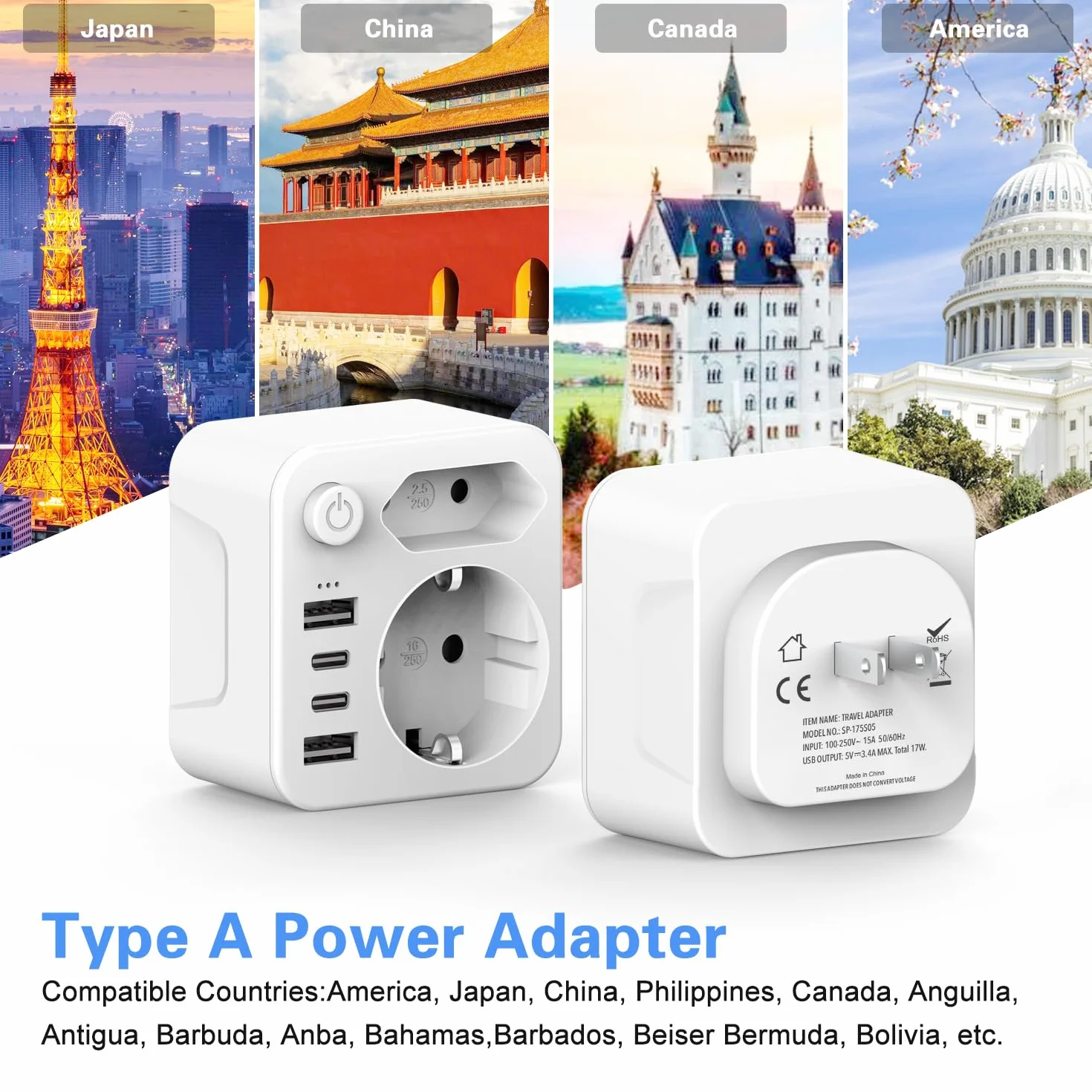 Adapter Japonia adapter podróżny Japonia adapter USA,Adapter USA gniazdo 2-komorowy adapter podróżny, wtyczka podróżna Schuko do typu A dla USA, Japonii, Kanady, biały