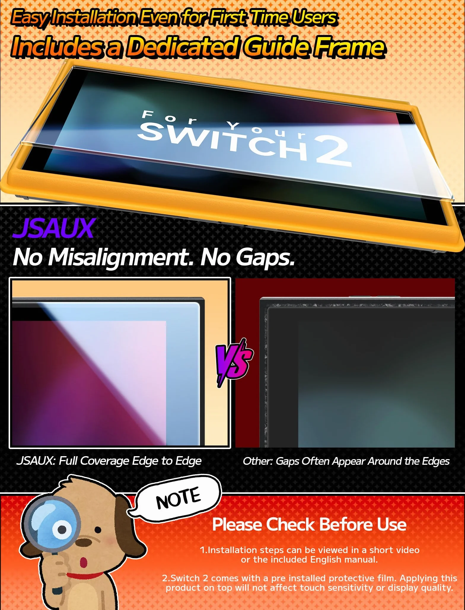 JSAUX 3-pak ochraniaczy ekranu kompatybilny z Nintendo Switch 2, szkło ochronne Ultra HD, twardość 9H, łatwy w instalacji, z ramką prowadzącą, odporne na zarysowania szkło hartowane