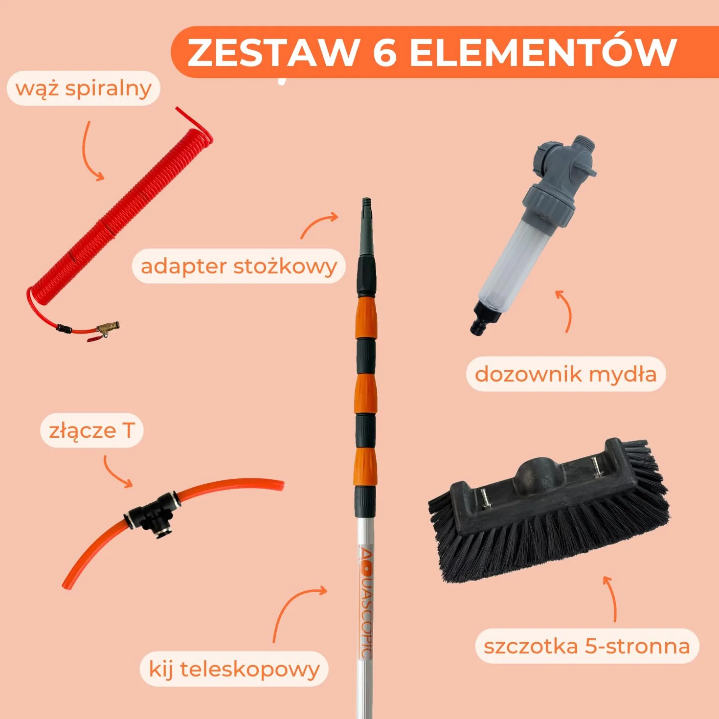 Aquascopic teleskopowy drążek z przepuszczalną wodę szczotką z 5 powierzchniami i zewnętrnym wężem – regulowany czyścik do okien i paneli słonecznych – do 6 m