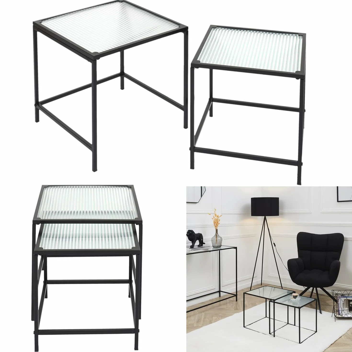 HOME DECO FACTORY HD7195 Stół Gigogne Tekstura X2 Appoint Salon, Metal, Czarny-Szkło, 40x38x40 cm