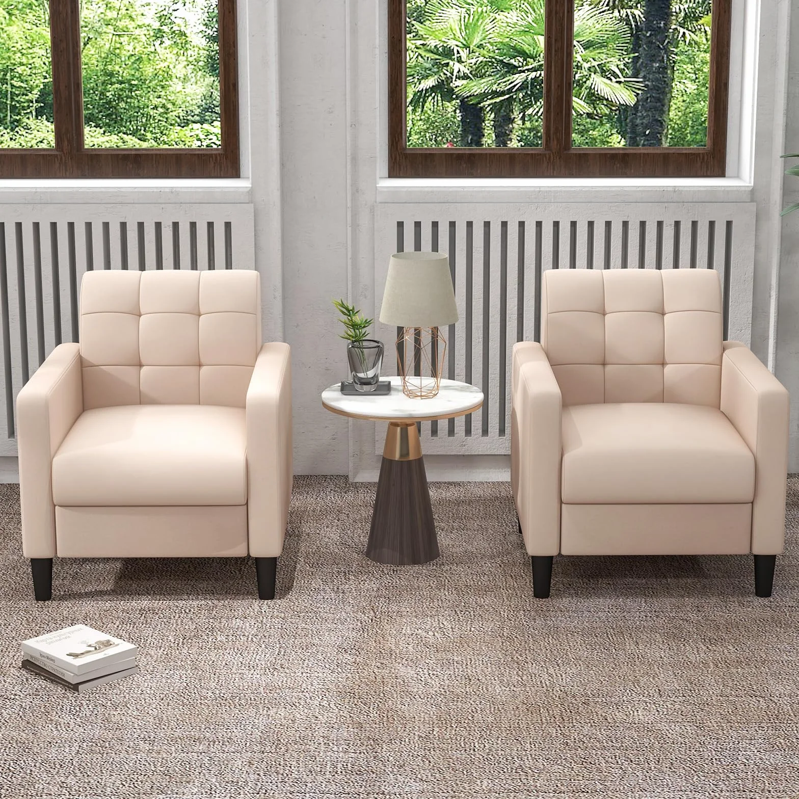 COSTWAY Nowoczesny fotel relaksacyjny, z aksamitu w stylu Mid-Century, tapicerowany fotel z tuftowanym oparciem, podłokietnikami i drewnianymi nogami do salonu, sypialni i biura domowego, beżowy