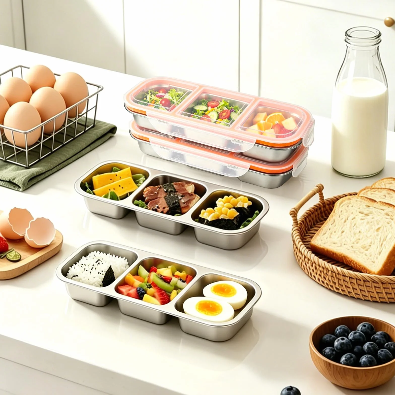 2 sztuki pudełko na przekąski ze stali nierdzewnej z 3 przegródkami, pudełko na przekąski ze stali nierdzewnej, pudełko bento wielokrotnego użytku na lunch z pokrywką, do szkoły, pracy