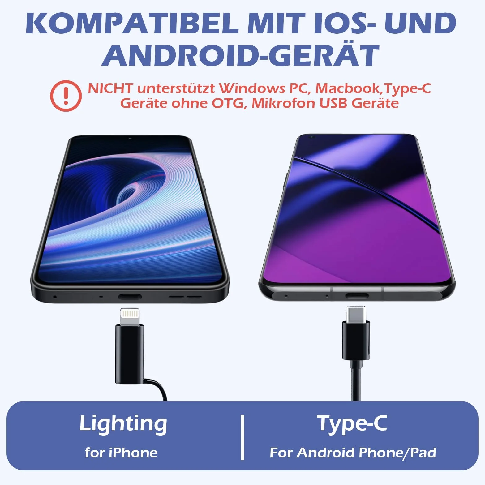 Kamera endoskopowa ze światłem, LYCXAMES 1920p HD, kamera endoskopowa, telefon komórkowy z 8 diodami LED, Ip67 typu C, kamera inspekcyjna do iPhone'a, iPada, urządzeń OTG z systemem Android (5 m)