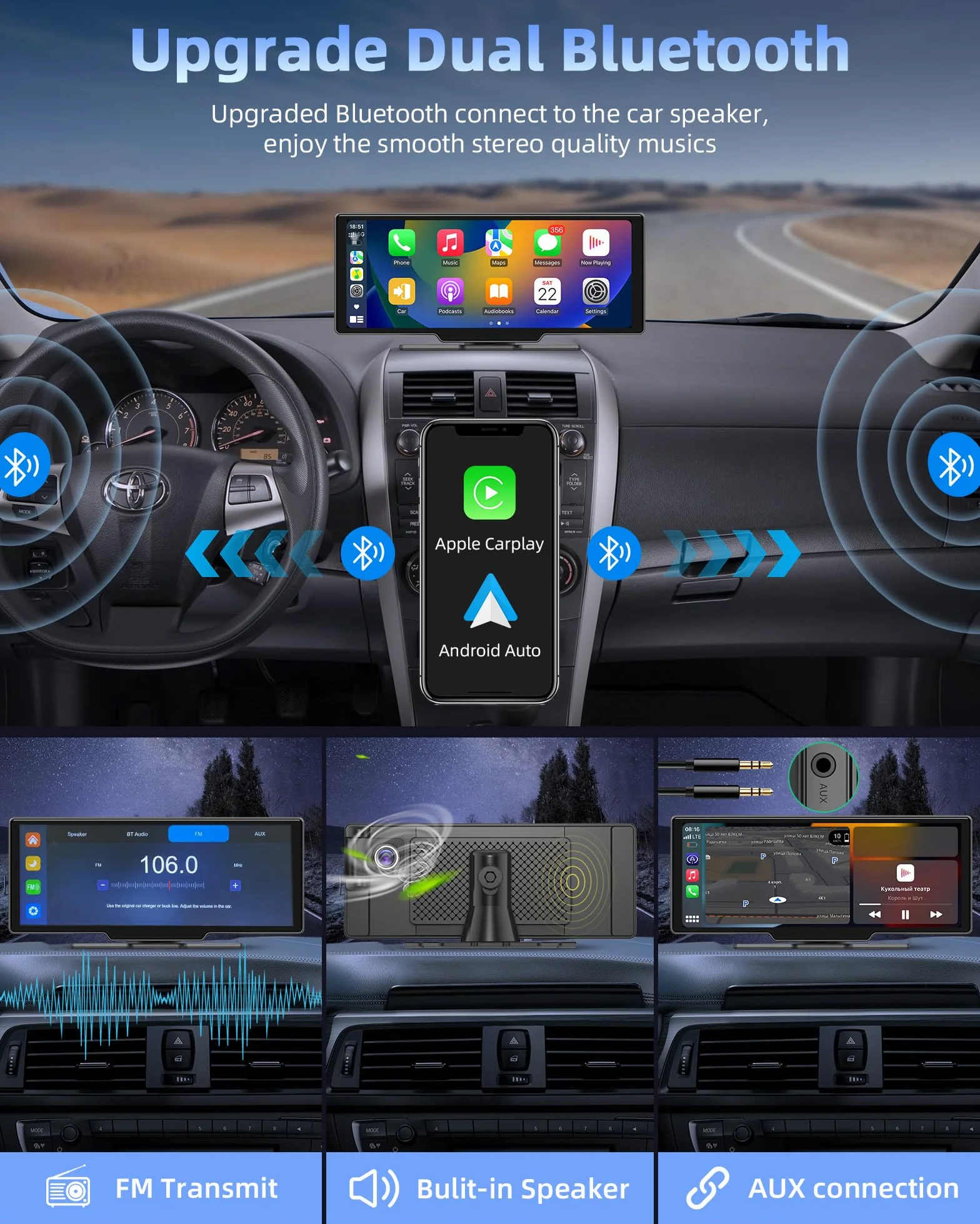 10,26-calowy wyświetlacz Apple Carplay Android Auto z regulowaną kamerą samochodową 2,5K Bezprzewodowy przedni tylny wyświetlacz Driveplay z kamerą cofania Radio samochodowe Carplay z Bluetooth 64G TF