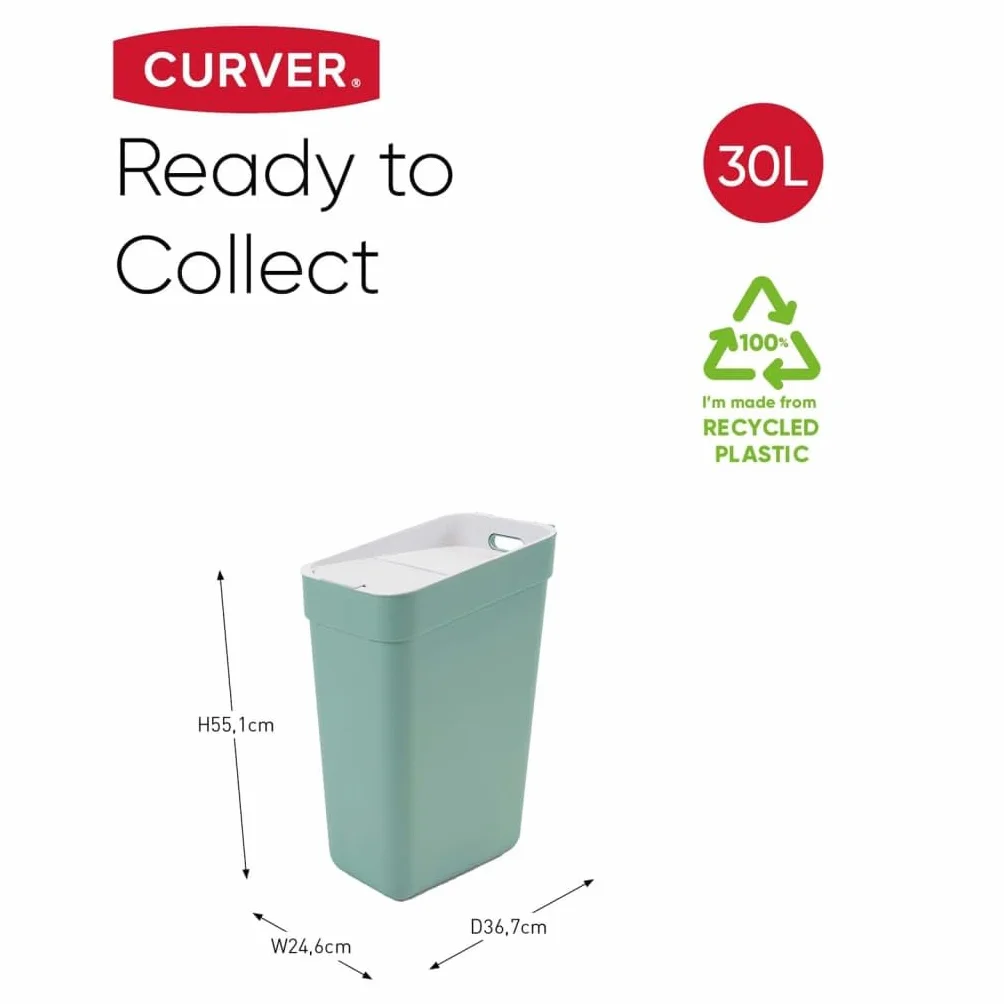 CURVER Kosz na śmieci 30L "Gotowy do zbierania" - z uchwytem ściennym na ścianę lub drzwi - kuchnia, łazienka, pralnia - 100% recykling - zielony