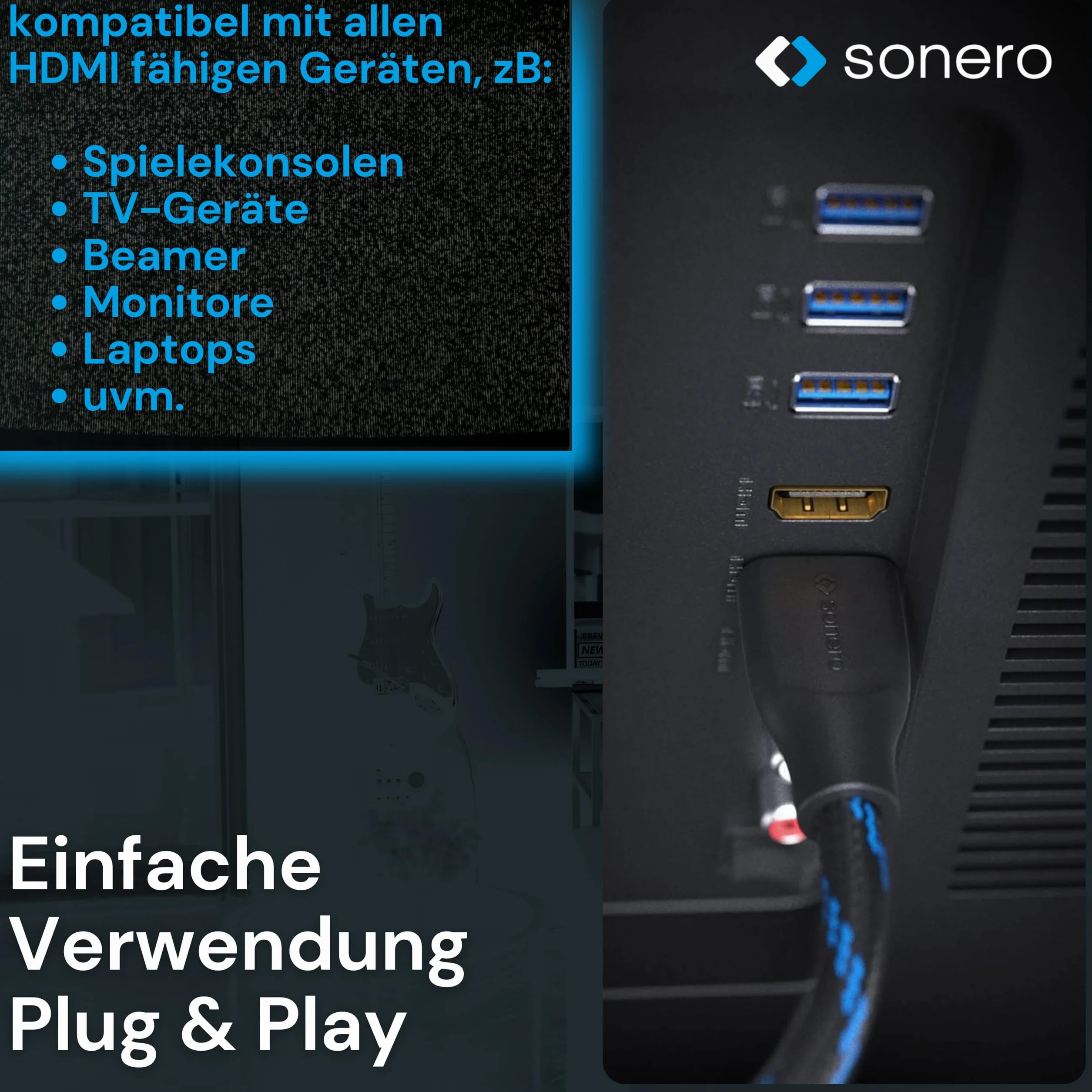 sonero PHC011-030 Premium certyfikowany kabel High Speed HDMI z Ethernetem z oplotem nylonowym, pozłacane złącza (4K UltraHD, 3D Full HD, 18 Gbps Full Bandwith, HDR High Dynamic Range), 3,0 m