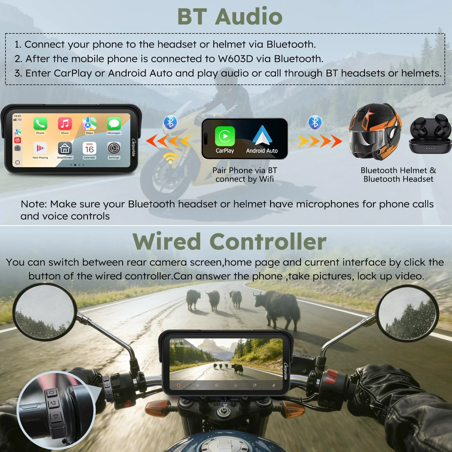 Carpuride W603DT do Motocykli z CarPlay,Android Auto i TPMS – Kamera Samochodowa HD 1080P,6,3-Calowy,Wodoodporny,Obrotowy Ekran Dotykowy do Nawigacji,Bluetooth,Nagrywanie w Pętli, Przewodowy Kontroler