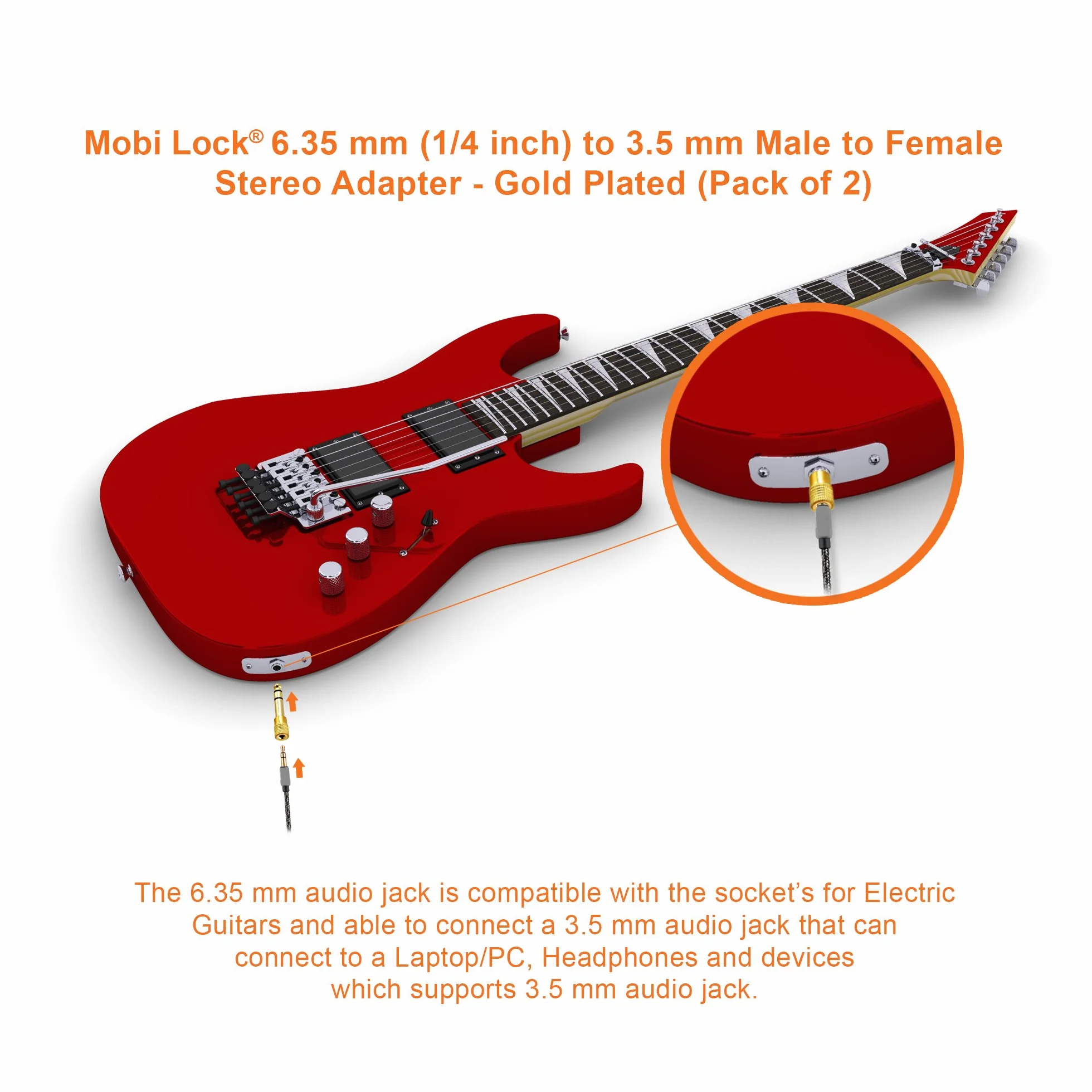 2 Sztuki Wtyk 6,35 mm do Gniazda 3,5 mm - Adapter Jack Audio Stereo 1/4 do 1/8 Cala - Łączy Urządzenia z Portem 6,35 mm z Urządzeniami Audio 3,5 mm - od Mobi Lock