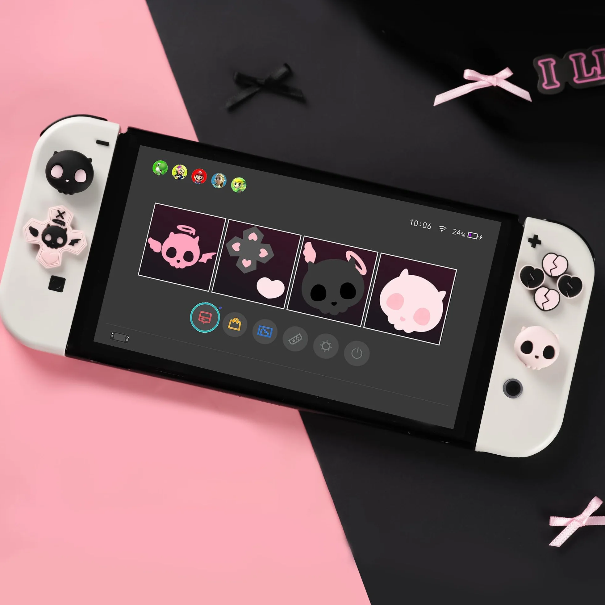 GeekShare Silikonowe nakładki na przyciski krzyżowe D-Pad Zestaw osłon na joysticki - Śliczna naklejka na przyciski ABXY Kompatybilna z Switch/OLED - Słodka czaszka
