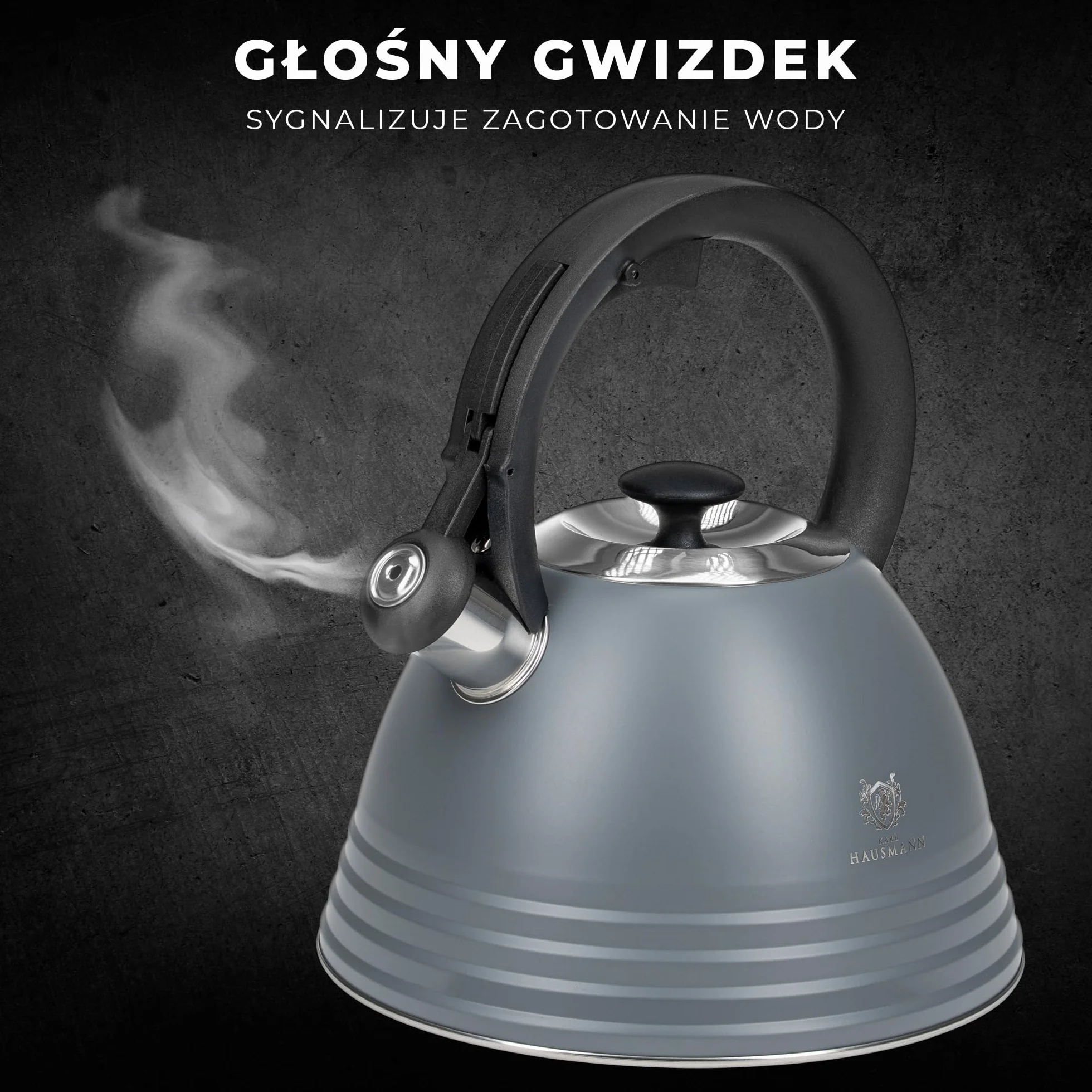 KARL HAUSMANN Czajnik Stalowy - 3L - na Kuchenkę Indukcyjną, Gazową i Elektryczną - Uchwyt Cool-Touch - do Herbaty, Kawy - z Gwizdkiem i Pokrywką - Odporny na Zarysowania