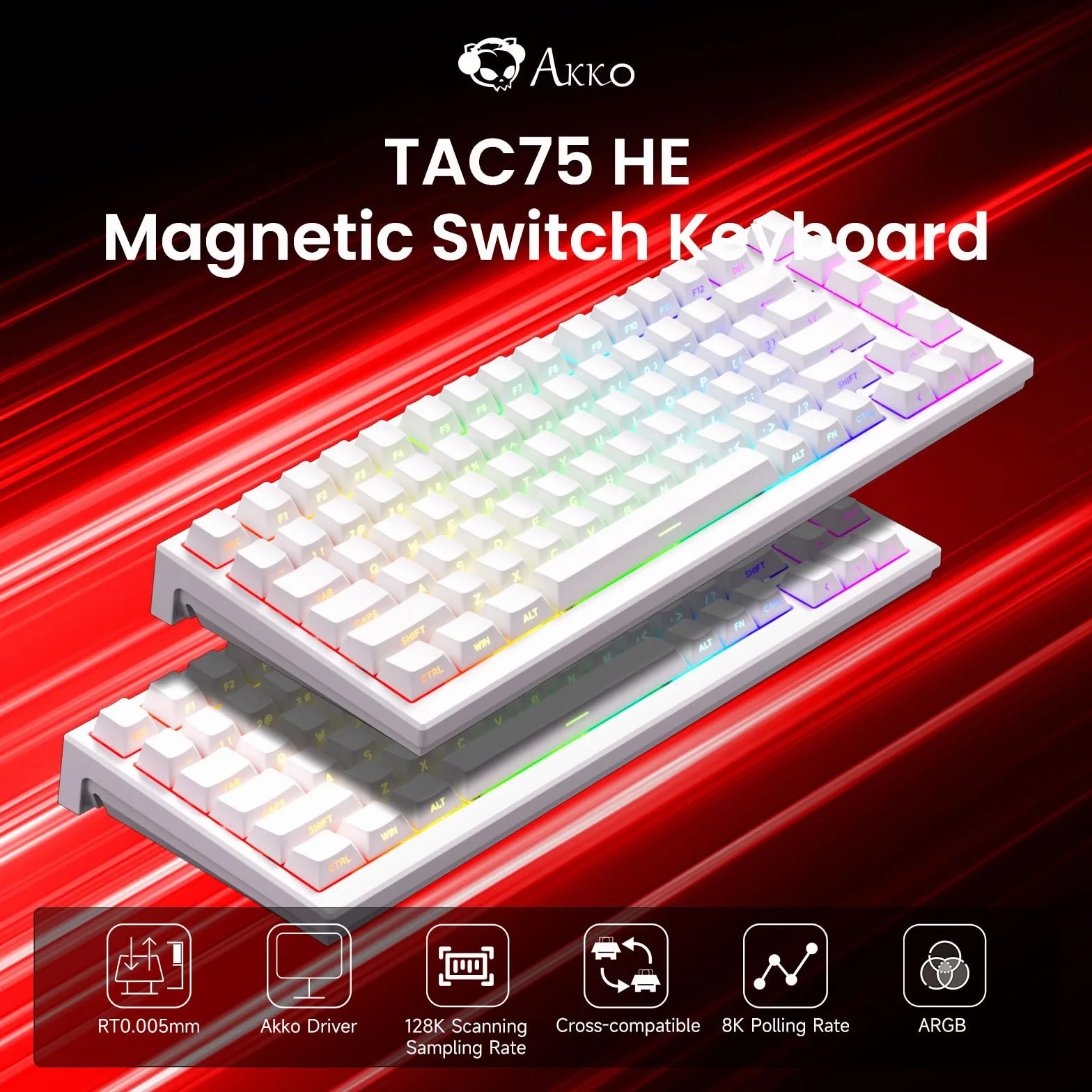 Akko TAC75 HE 8K Hz Klawiatura szybkiego wyzwalania, 75% przewodowa klawiatura z efektem Halla z przełącznikiem magnetycznym, regulowane uruchamianie, Snap Tap, ARGB (Shine Through White, przełącznik