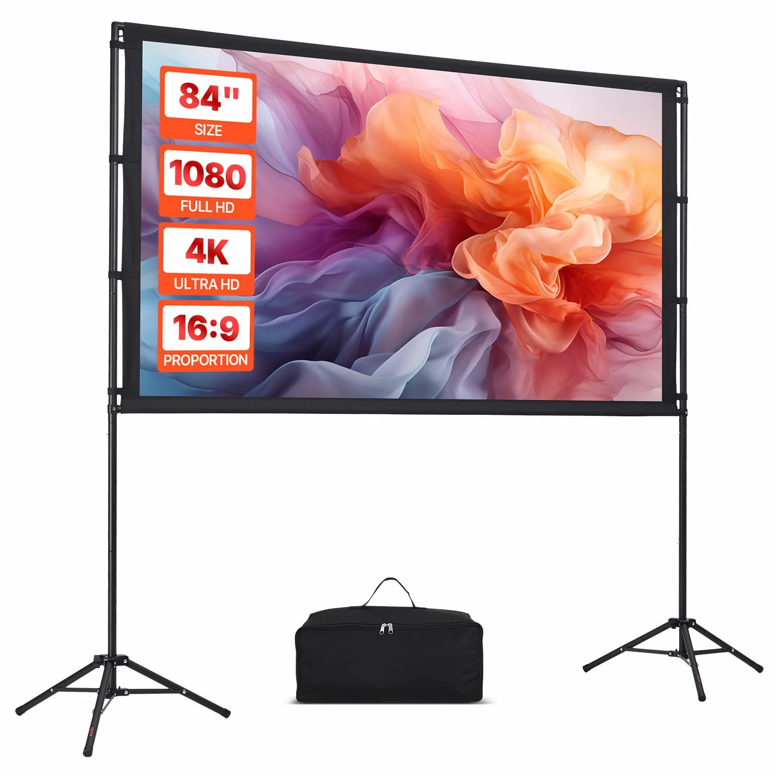 VEVOR Ekran projektora z podstawką, ekran projekcyjny o szerokim kącie ok. 2133,6 mm, przenośny do użytku wewnątrz i na zewnątrz, 160°, 4K HD 16:9, podwójny statyw z torbą transportową