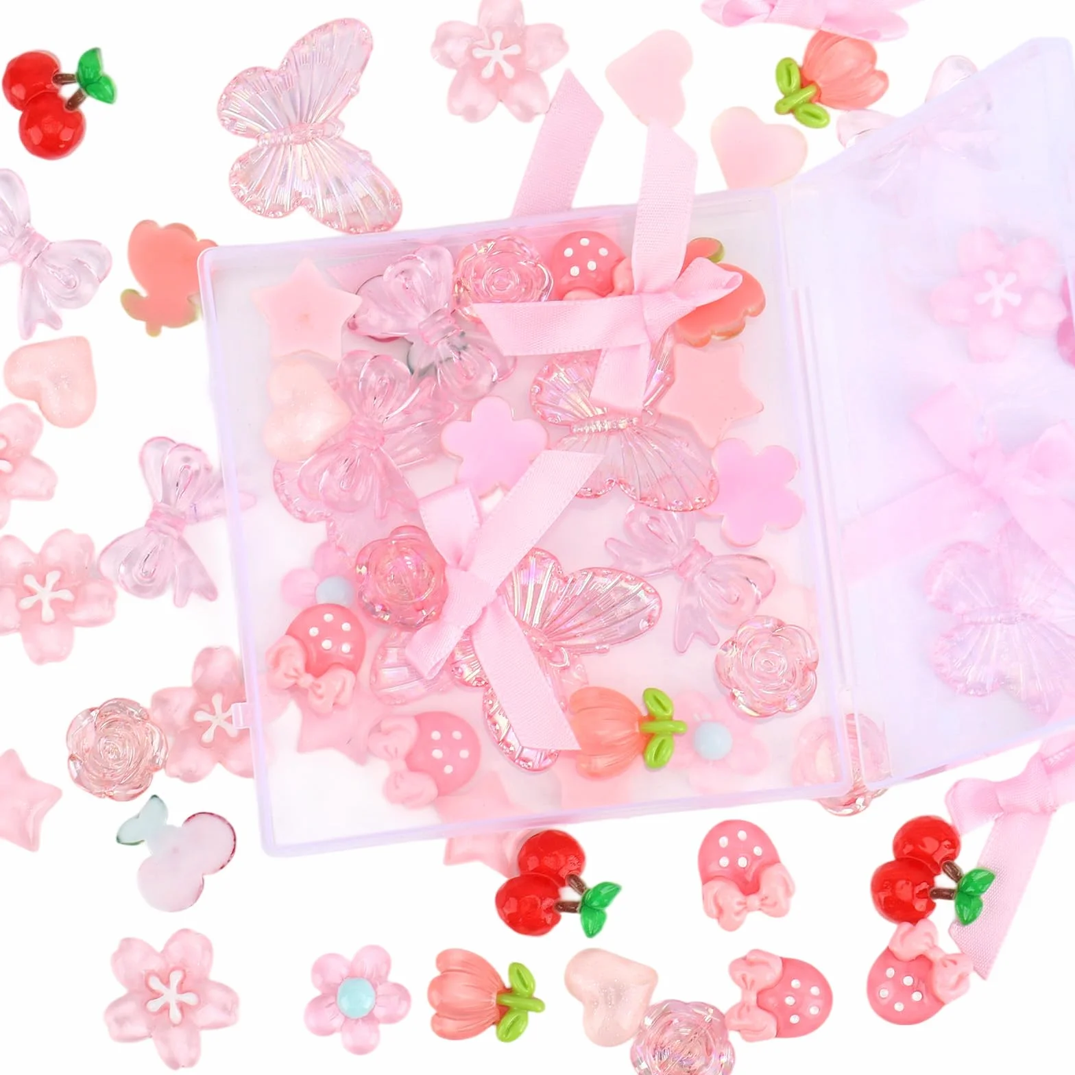 Tinoaly 66szt Różowy Junk Case Charms Kit, Żywiczne Akrylowe Etui na Telefon Wiśniowe Kwiatowe Kokardki Róże i Motylowe Slime Charms do DIY Crafting Scrapbooking i Decoden Decoration