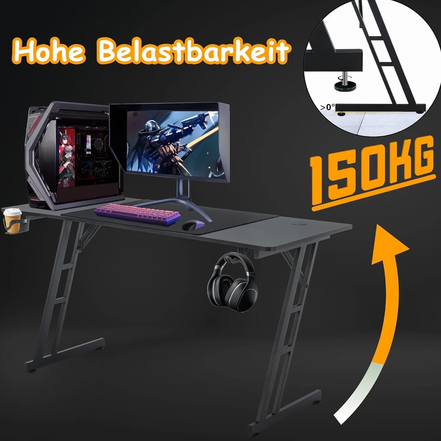 XMTECH 140 x 60 cm stolik gamingowy, biurko z ramą w kształcie litery Z, biurko komputerowe z powierzchnią z włókna węglowego, ergonomiczny stół komputera z hakiem na słuchawki i uchwytem na napoje