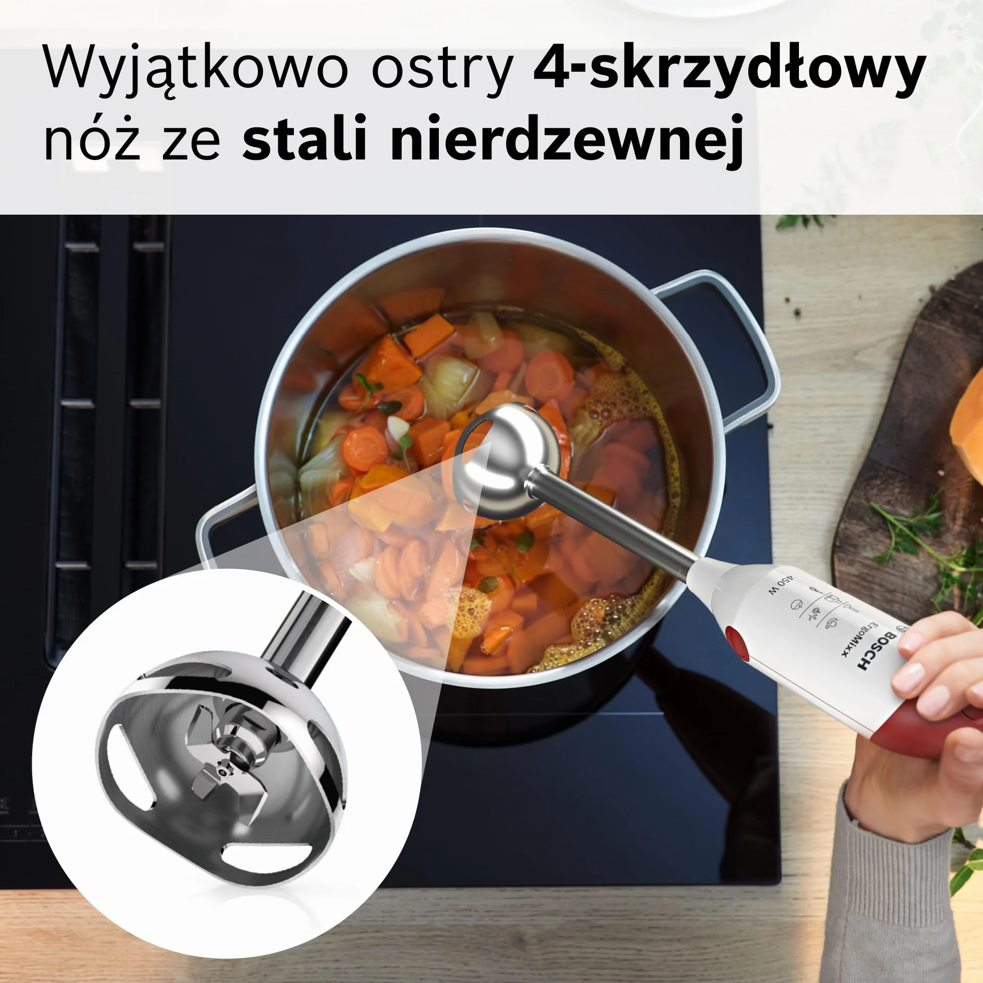 Bosch, blender ręczny, ErgoMixx, silnik 450 W, 2 ustawienia prędkości, rozdrabniacz, trzepaczka i pojemnik, biało-czerwony, MSM64110