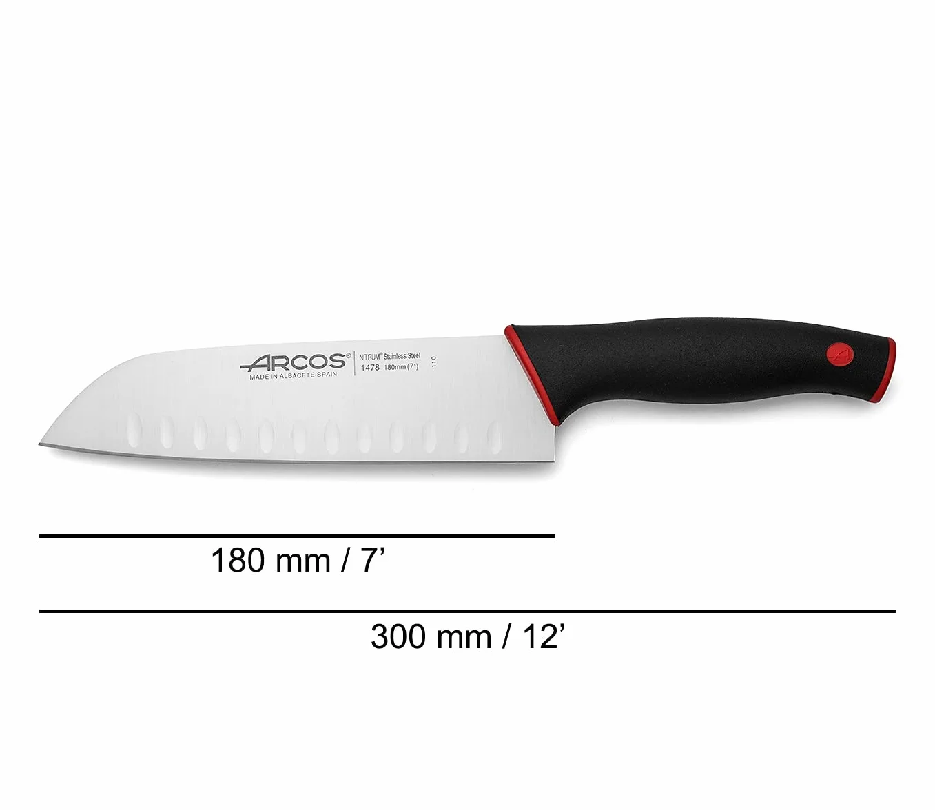 Arcos Seria Duo - Nóż Santoku - Ostrze Nitrum Stal nierdzewna 17.8 cm - Uchwyt Polipropylen Pokryty Elastomerem Kolor Czarny i Czerwony