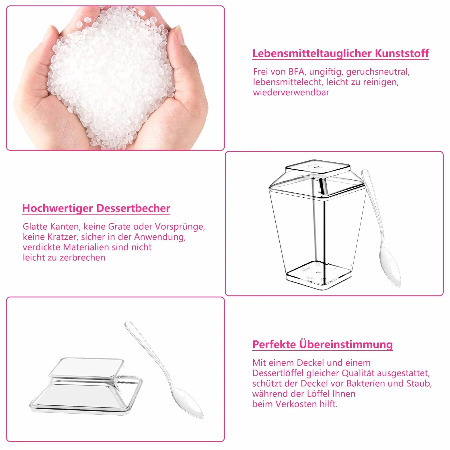 Plastikowe kubki deserowe 160 ml kwadratowe wielokrotnego użytku 40 sztuk z łyżeczkami i pokrywką