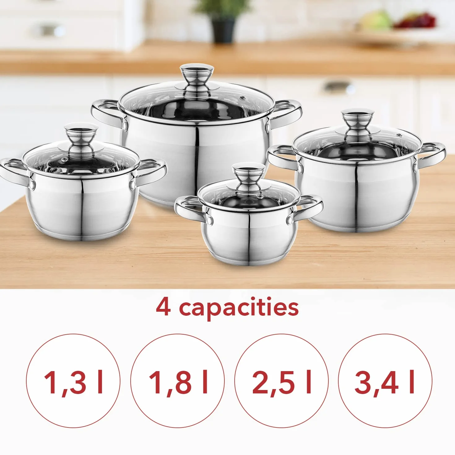 FLORINA Oliver Bateria kuchenna ze stali nierdzewnej 8 sztuk Indukcja 4 garnki 4 szklane pokrywki 24 cm 20 cm 18 cm 16 cm Zmywarka
